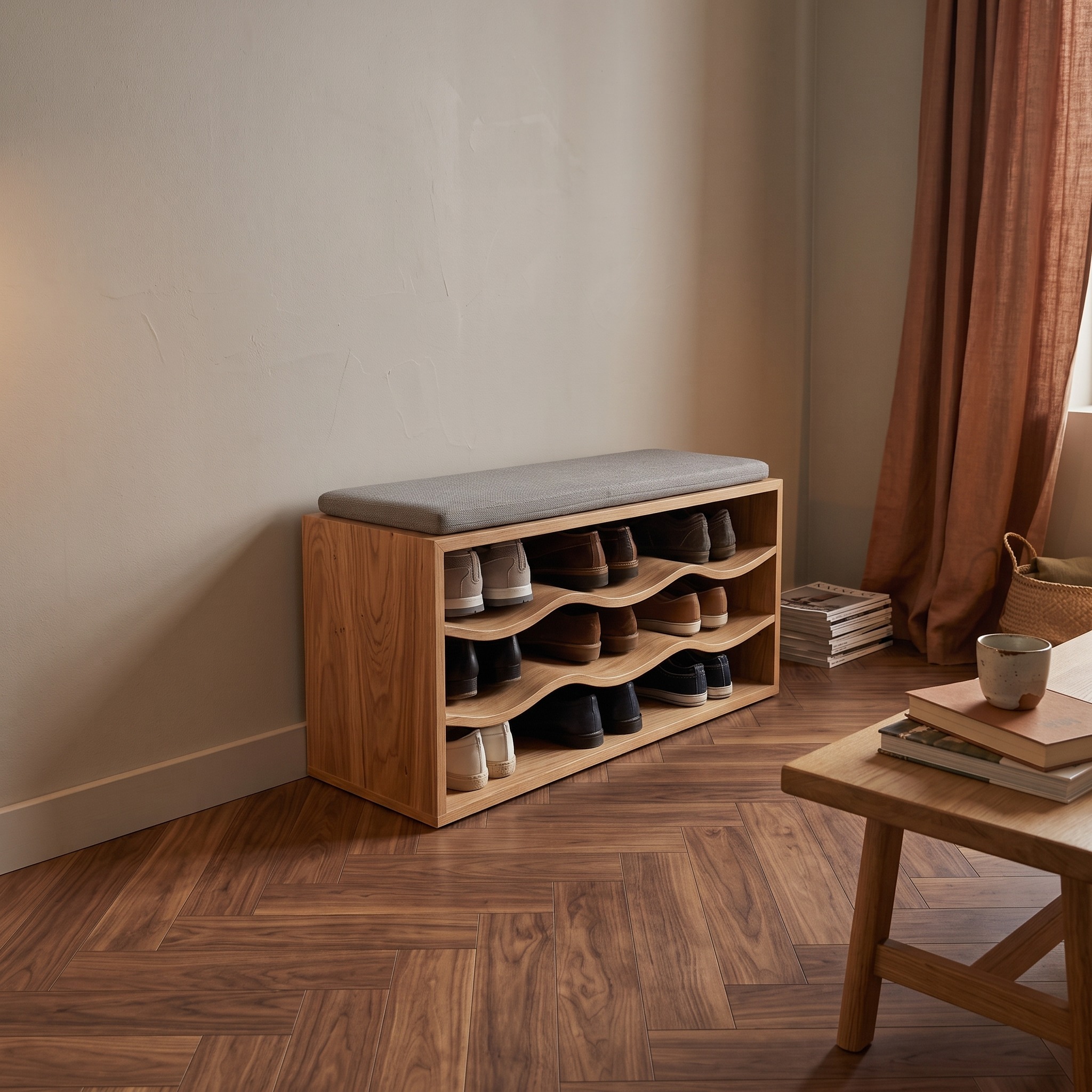 Midcentury Shoe Organizer Bench Entryway