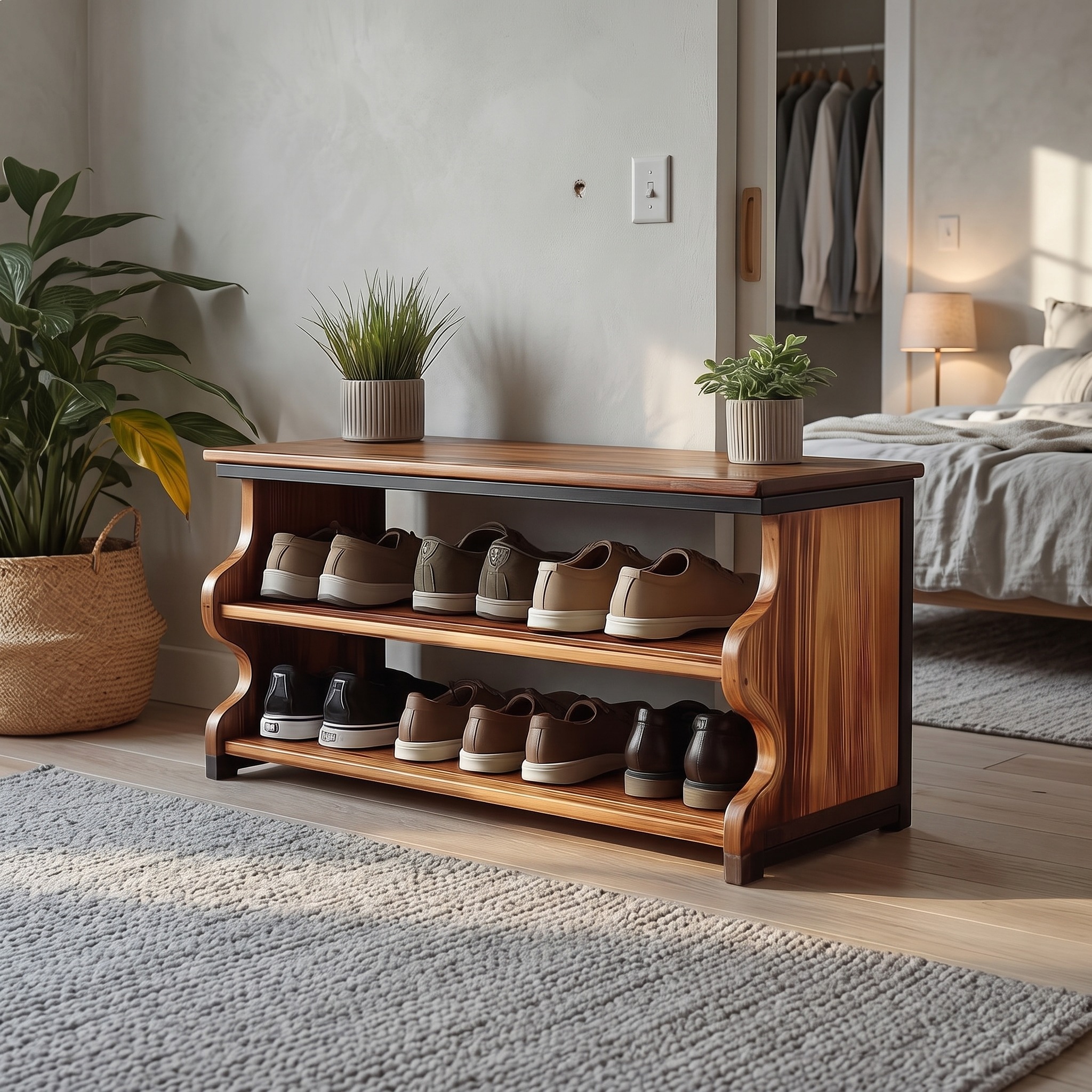 Midcentury Shoe Rack Bench Farmhouse Entryway