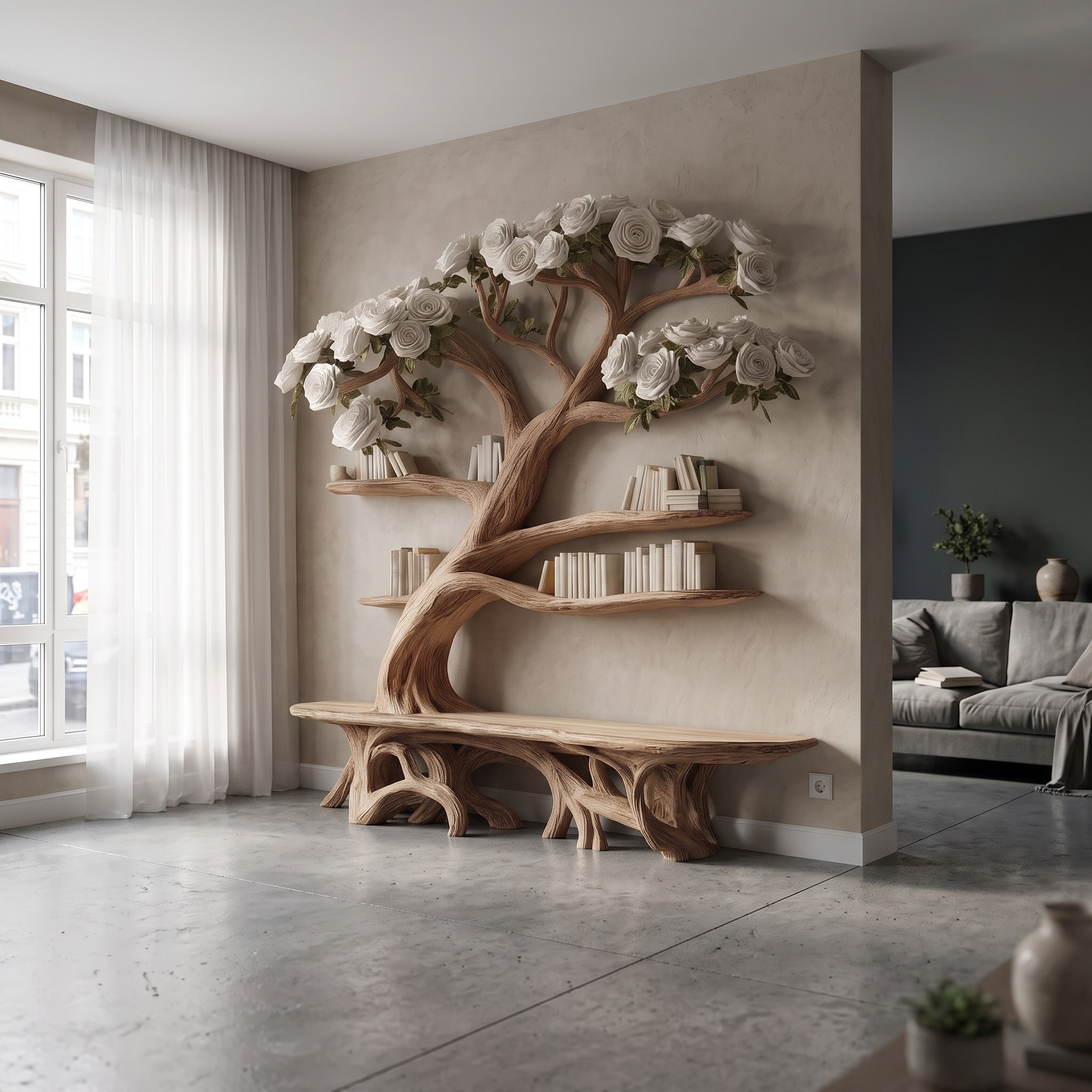 Midcentury Tree Bench Bookshelf Living Decor