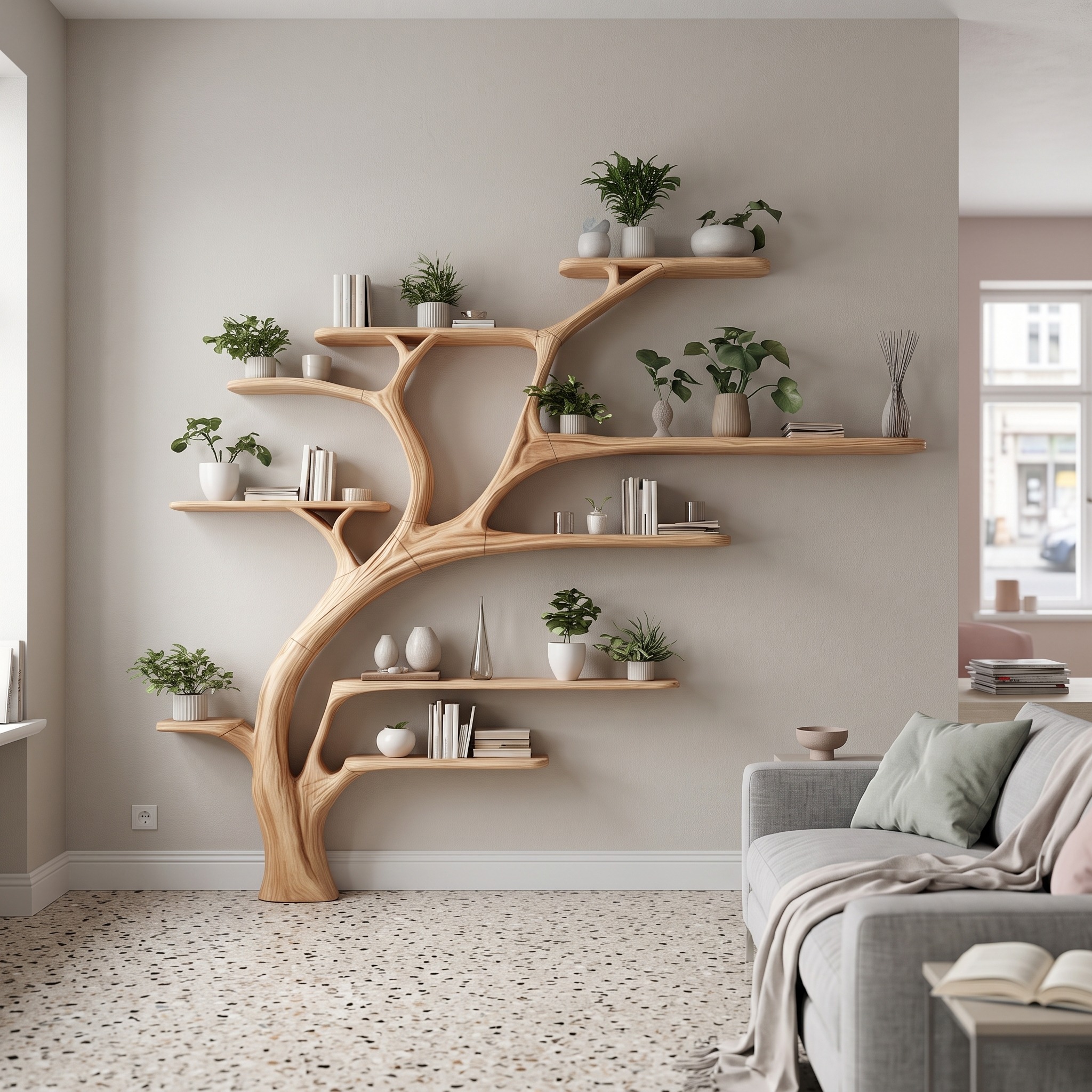 Midcentury Tree Bookshelf Bedroom Entry