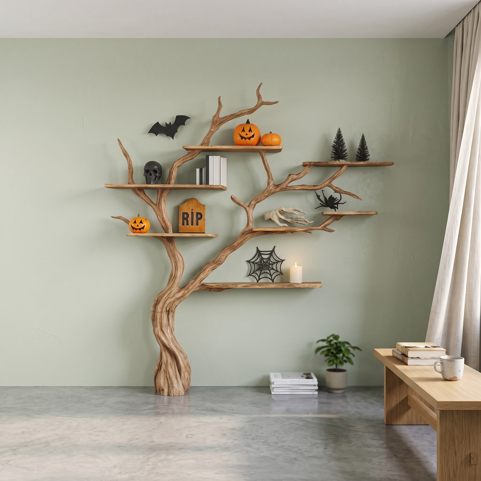 Midcentury Tree Bookshelf Living Room Halloween