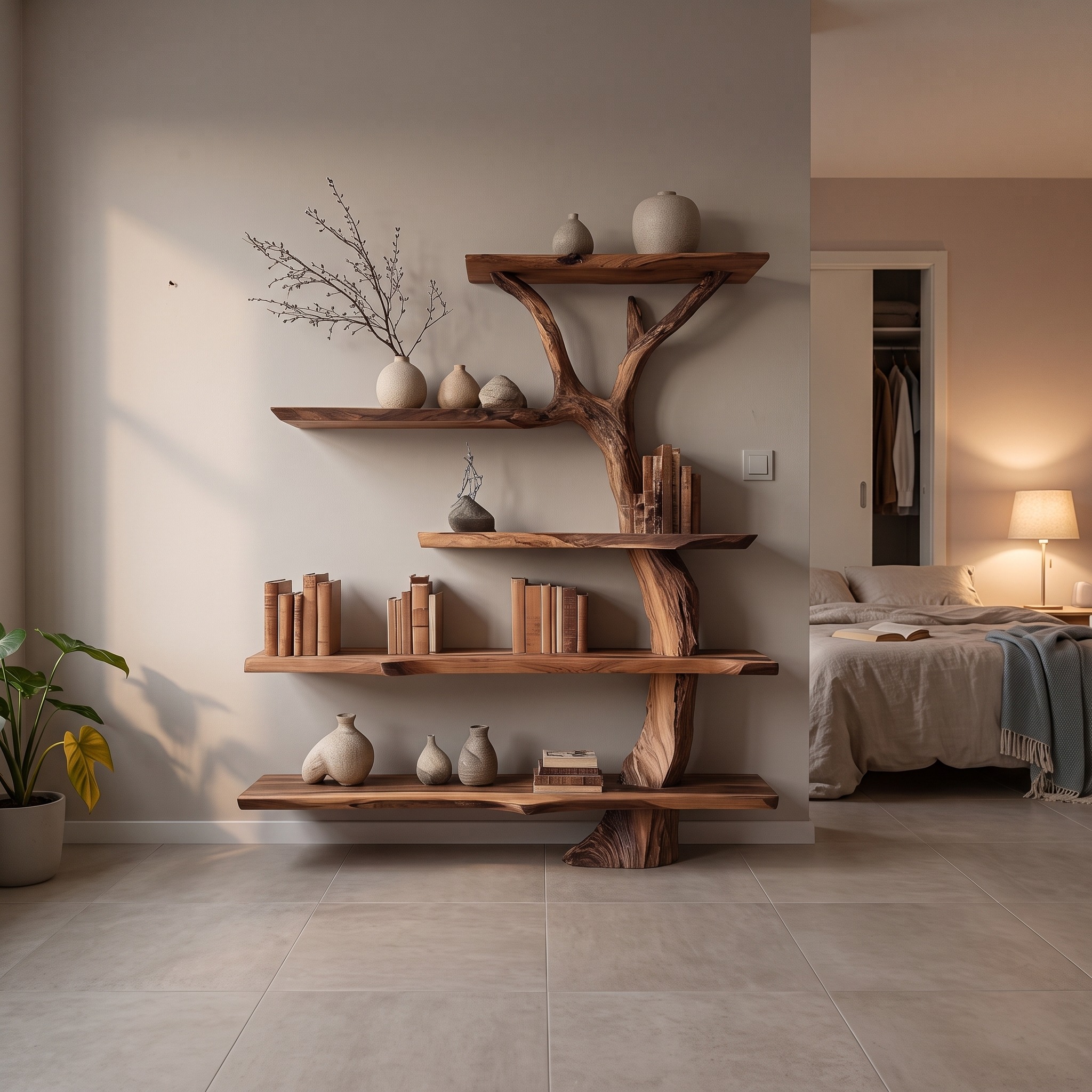 Midcentury Tree Bookshelf Office Entry