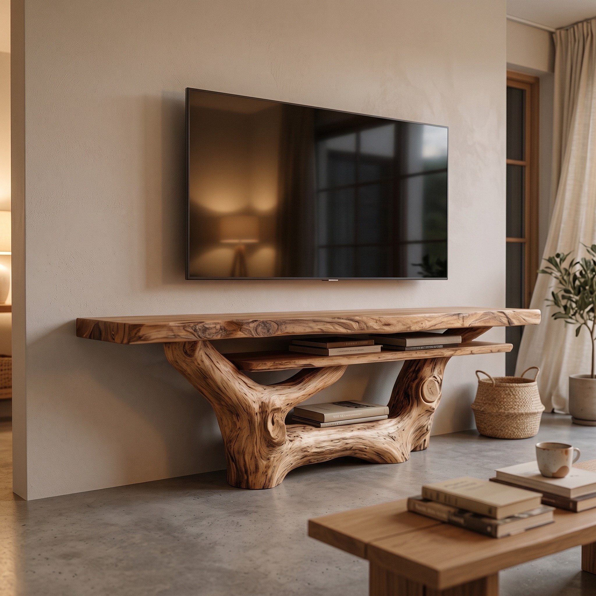 Midcentury TV Console Sculpted Wood Base Living Room Display