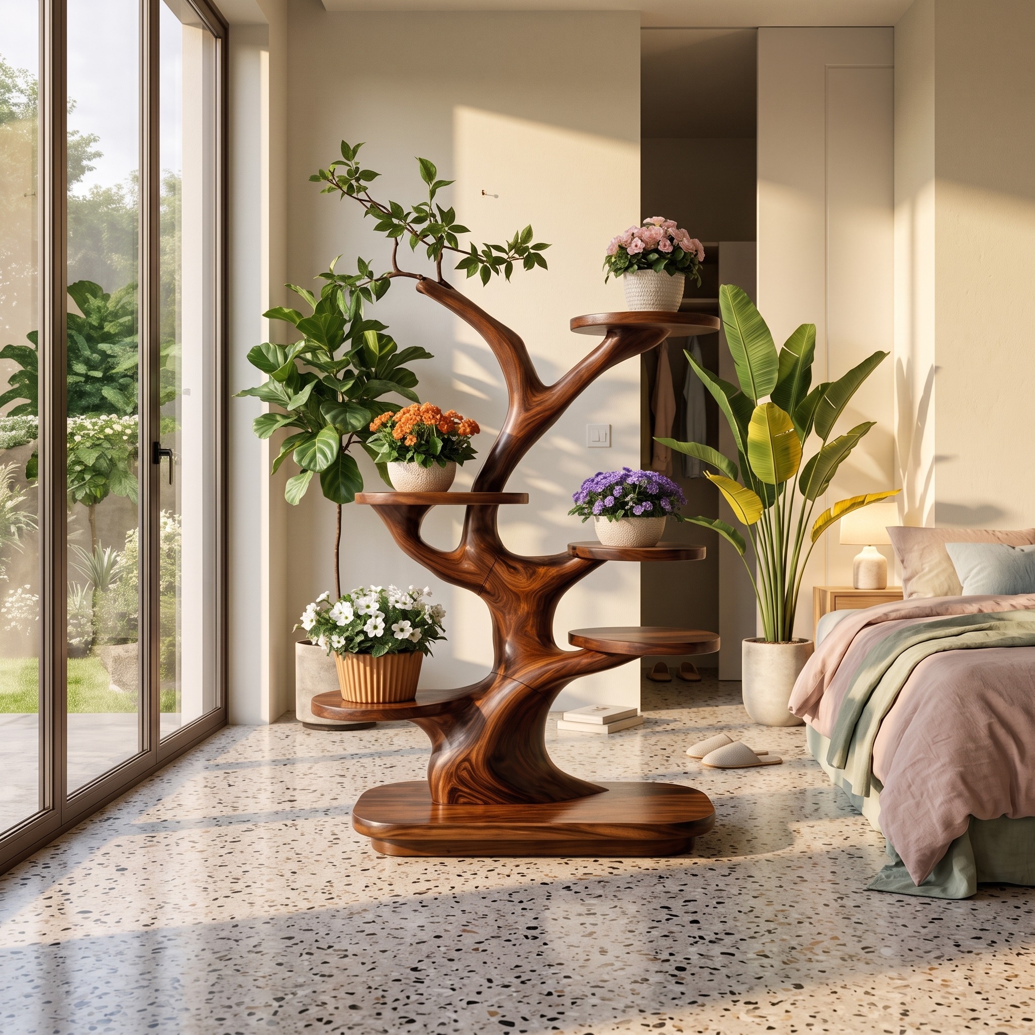 Midcentury Wooden Tree Plant Stand Home Interior