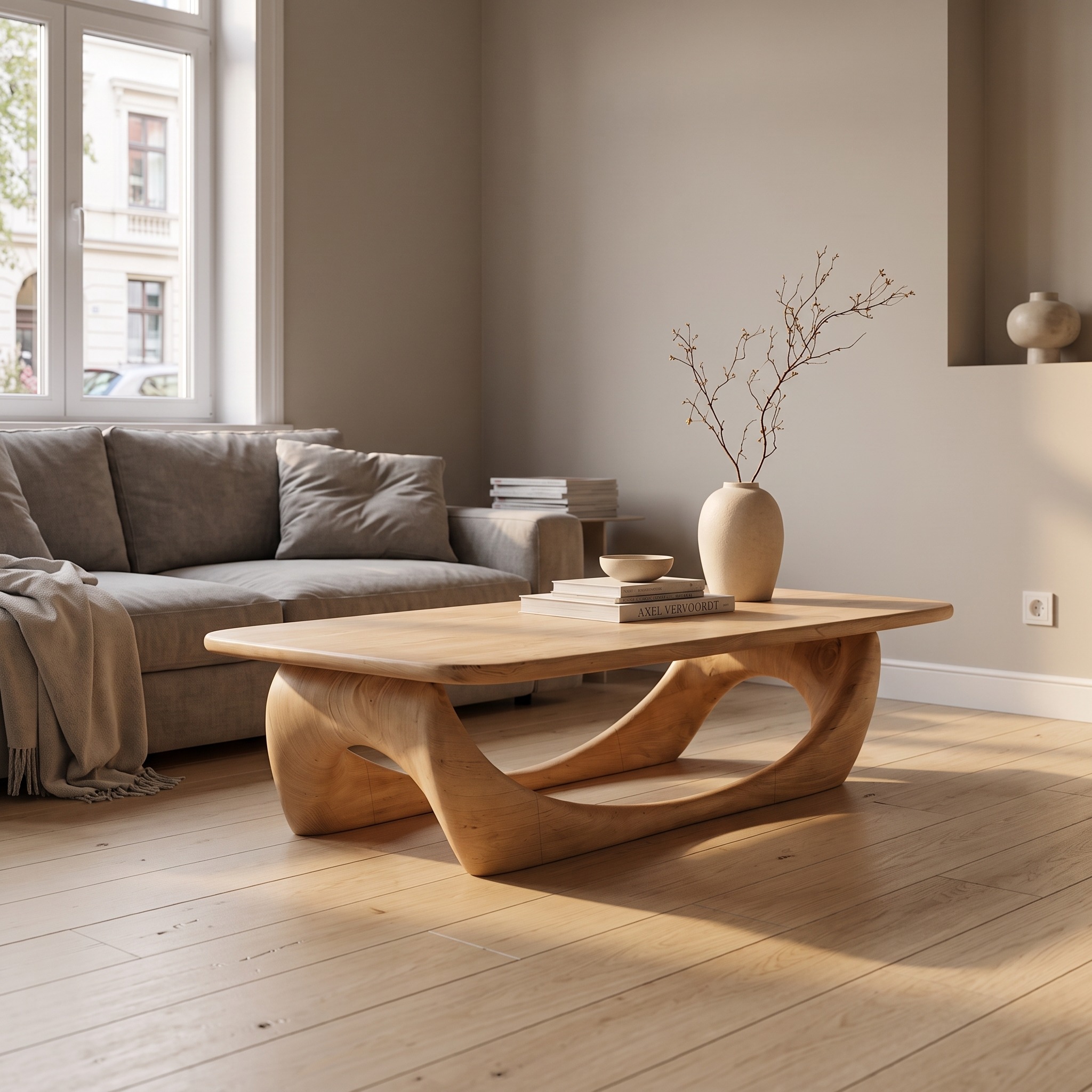 Minimal Coffee Table, Smooth Curved Base Pedestal Solid Wood Cocktail Table for Modern Living Room Interior