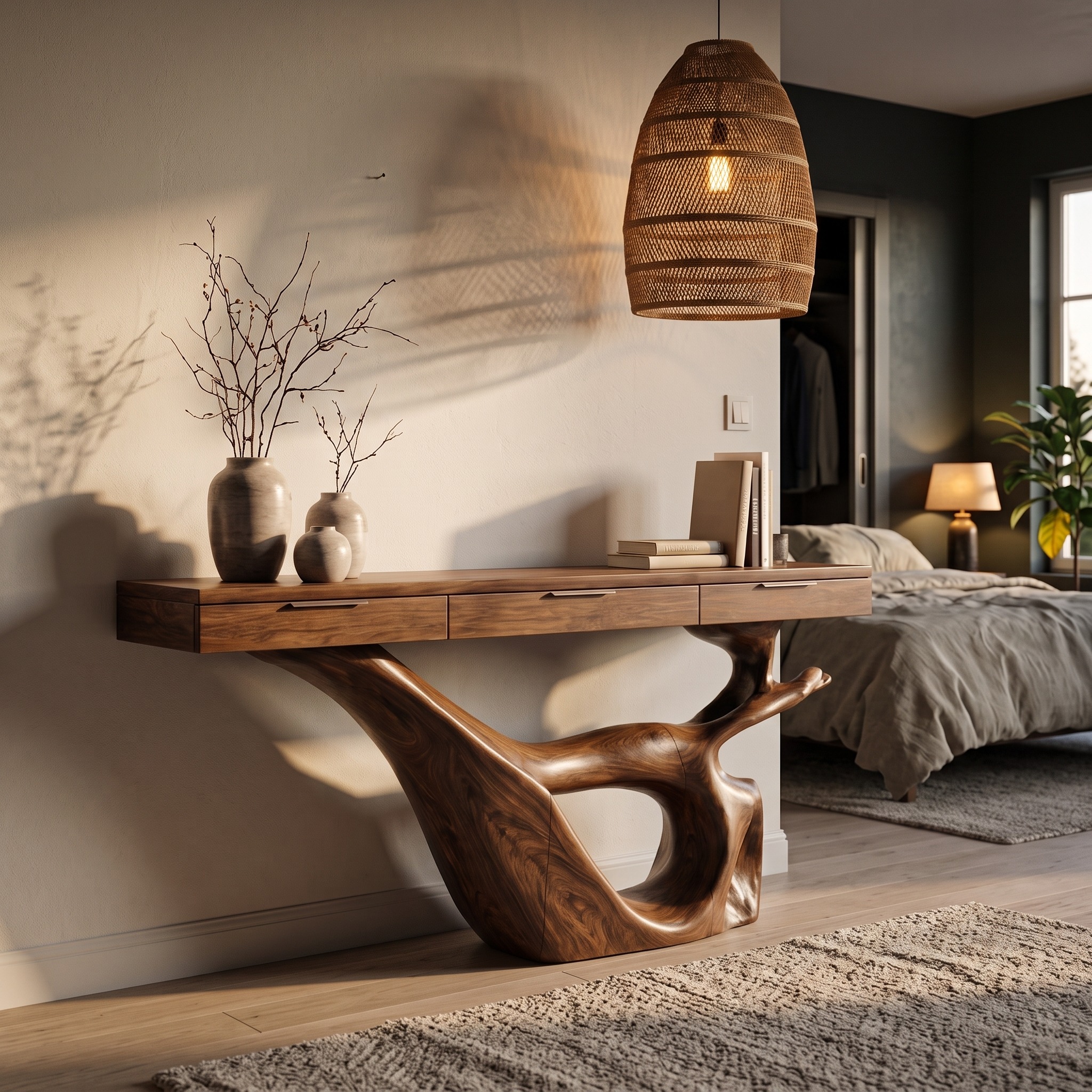 Minimal Console Table, Sculptural Curved Loop Solid Wood Base & Top for Entryway and Living Room