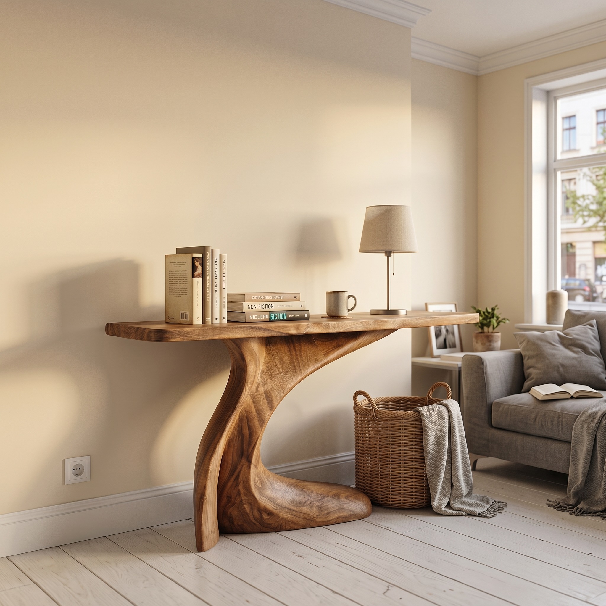 Minimal Console Table with Clean Curved Wooden Base for Living Room