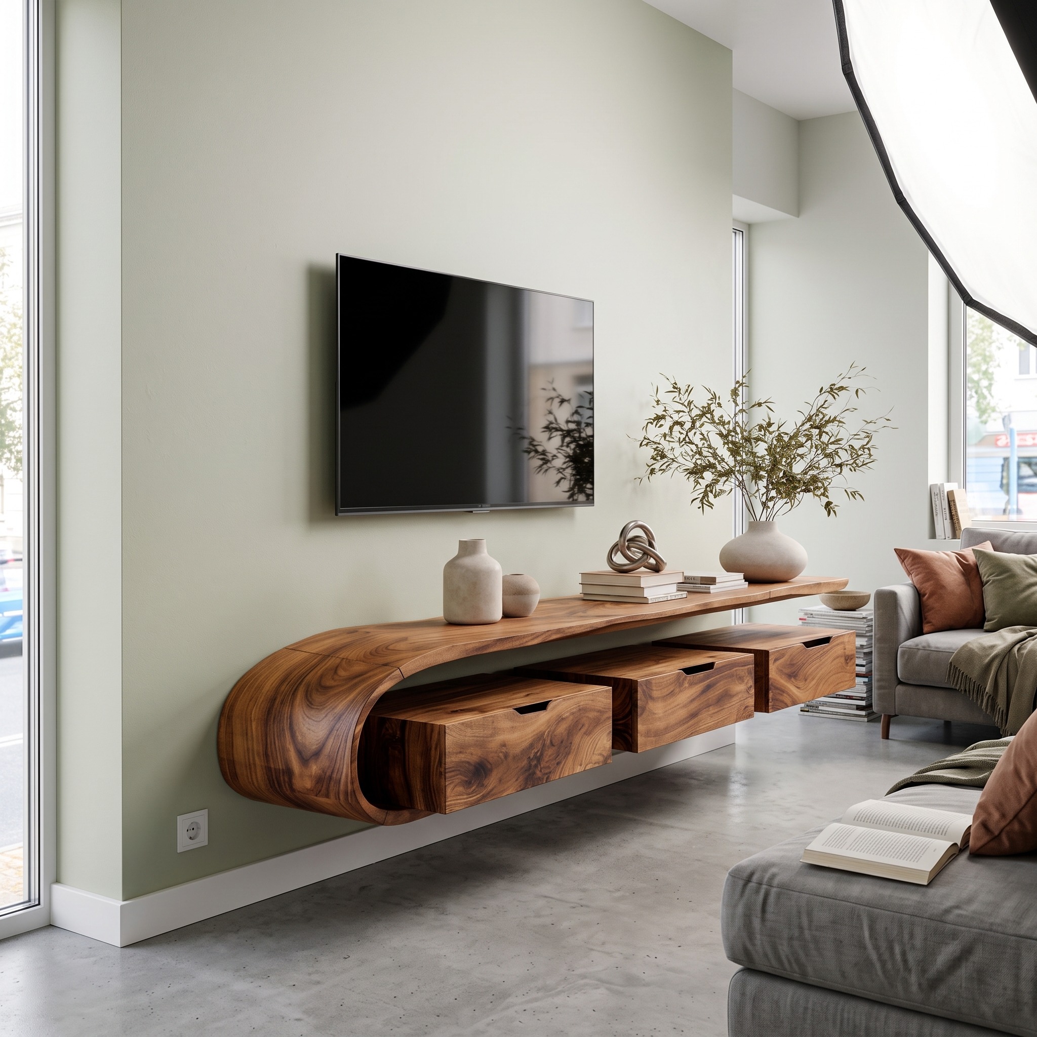 Minimal Curved Floating TV Console with Drawers for Living