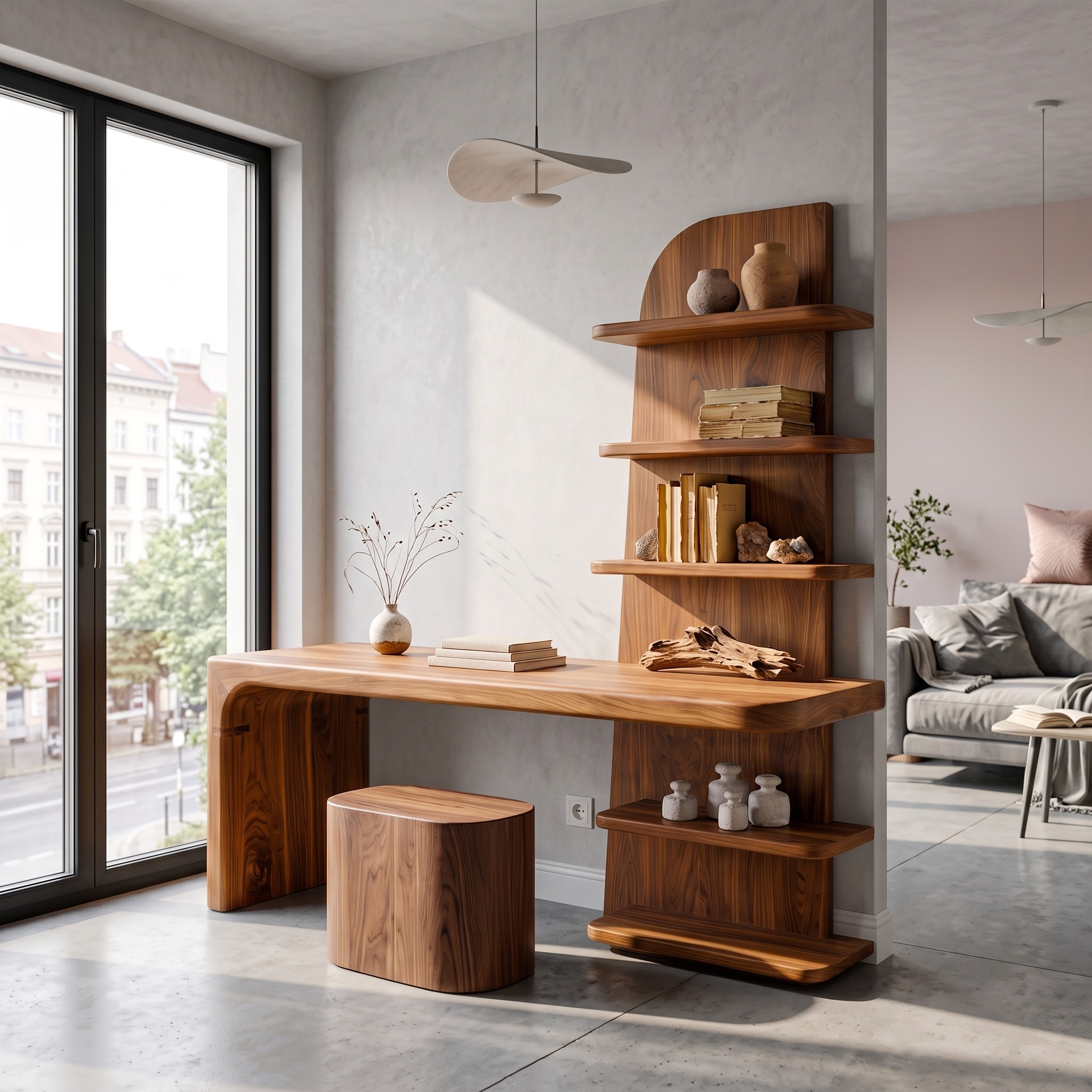 Minimal Desk with Built in Bookcase and Drawers for Study Room