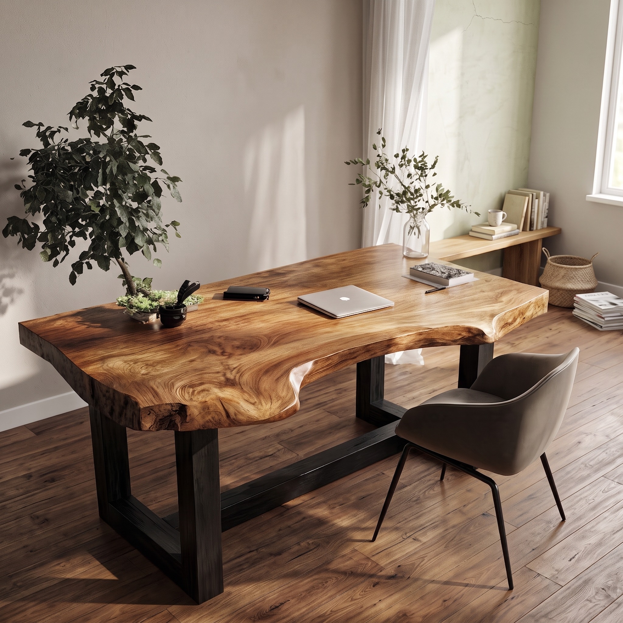 Minimal Desk with Live Edge Wooden Top for Home Office