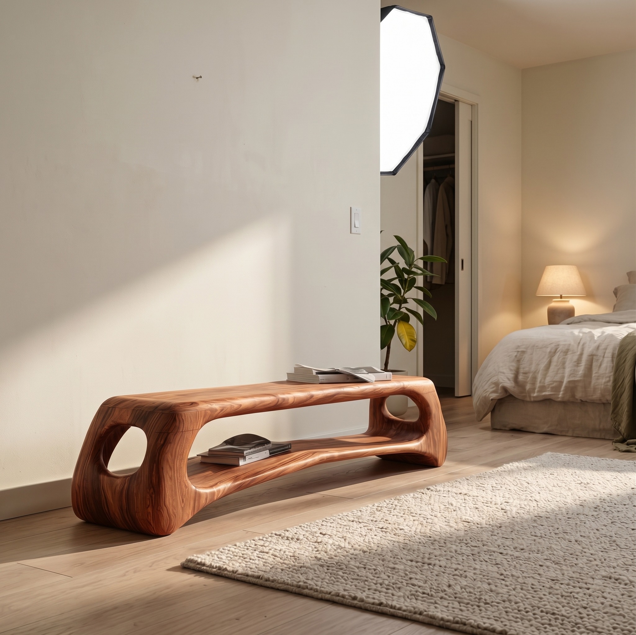Minimal Natural Wood Gallery Bench, Sleek Timber Entryway Seating, Japanese Modern Accent Dining Bench for Living Room
