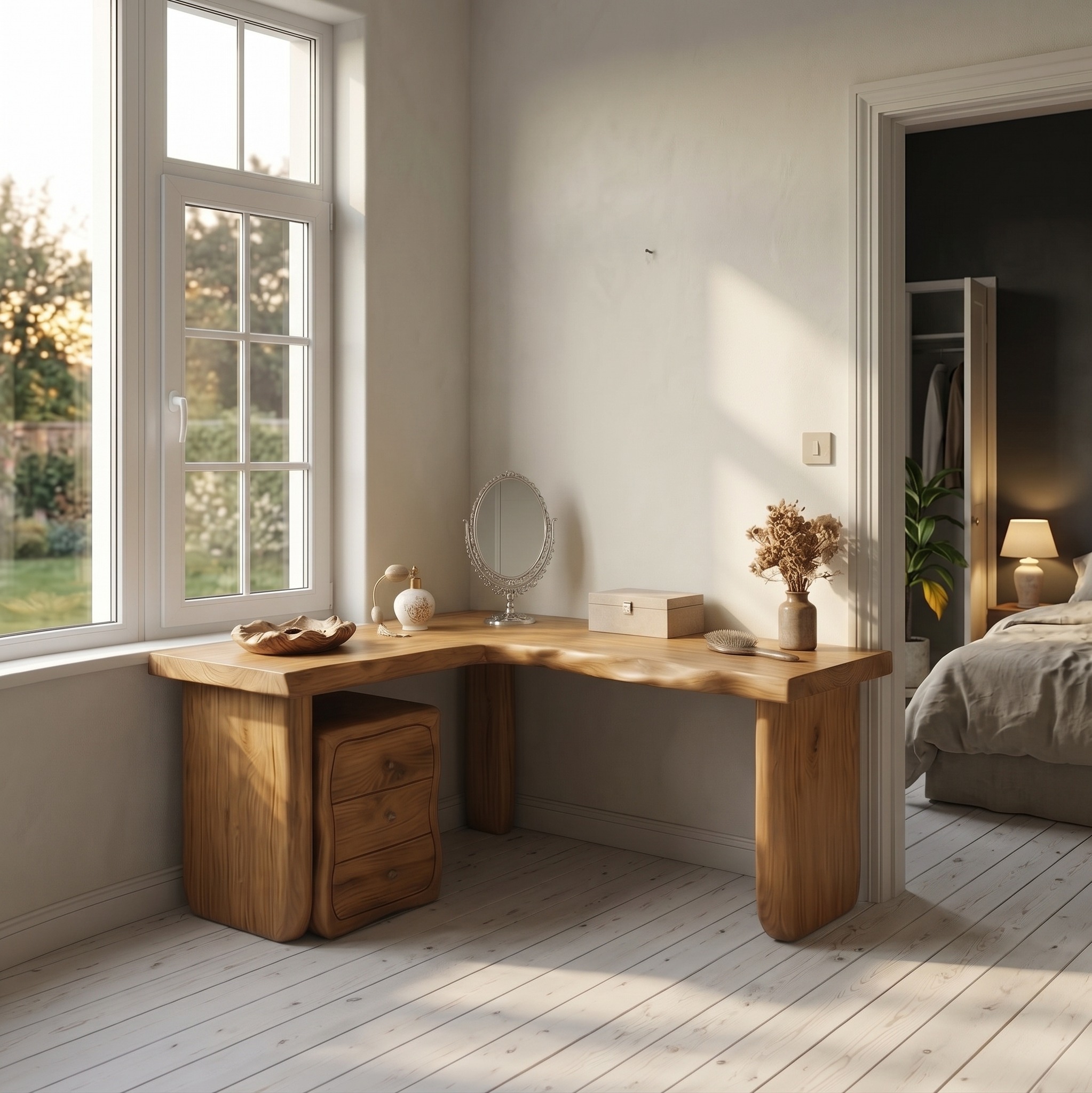 Minimal Organic Vanity Table Makeup Desk Corner L Shape Bedroom and Vanity Area