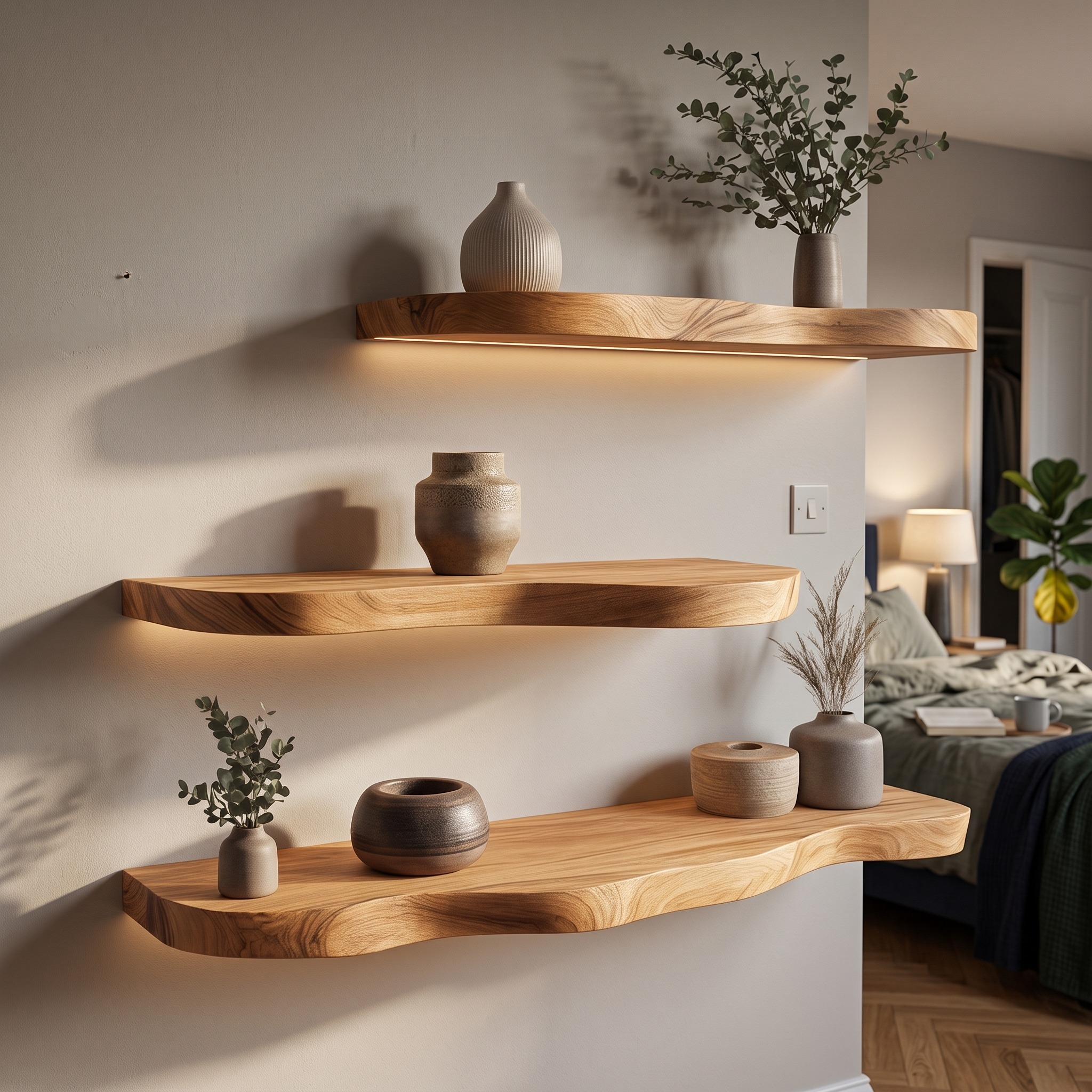 Minimal Solid Wood Floating Shelves with Integrated Lighting, Modern Wall Mounted Display Shelf for Living Room