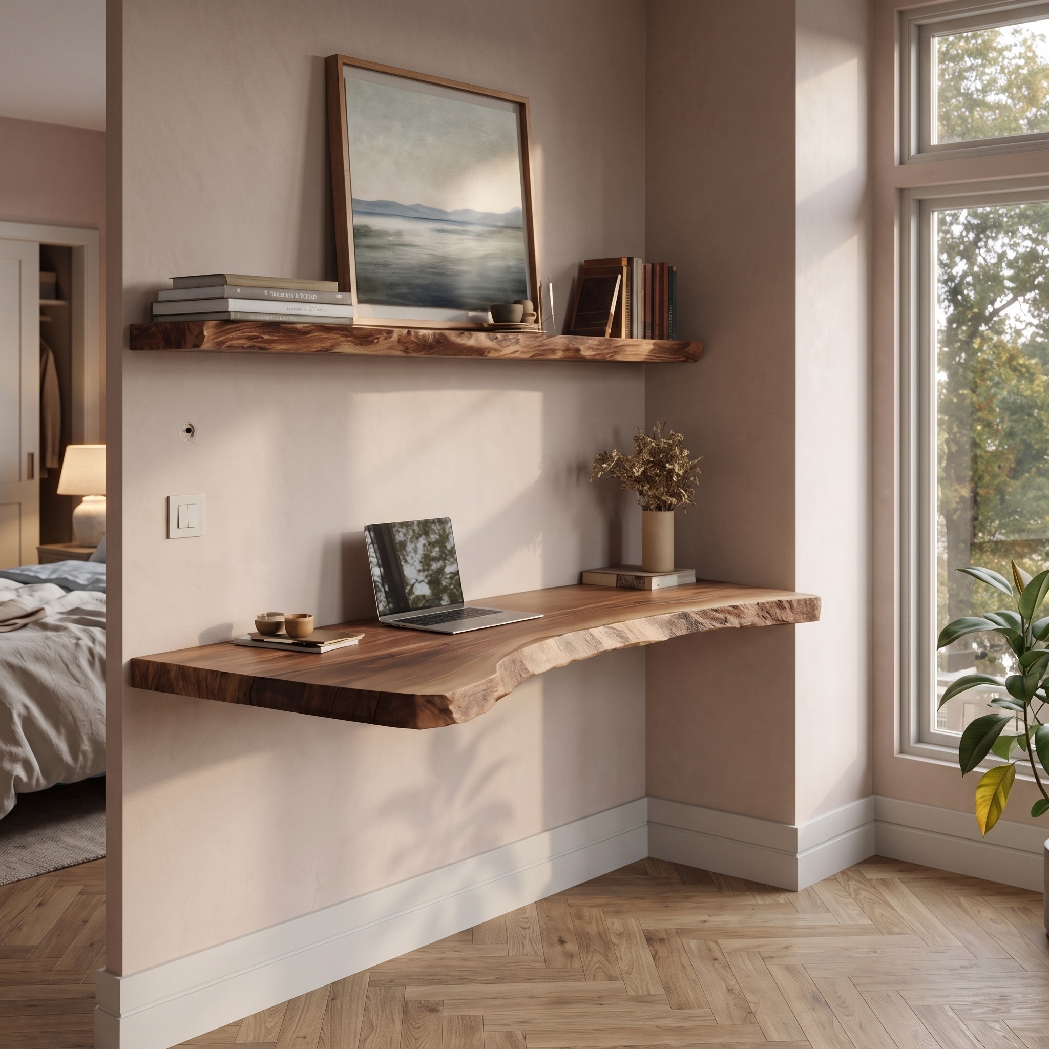 Minimal Solid Wood Wall Desk Natural Light Home Office Interior