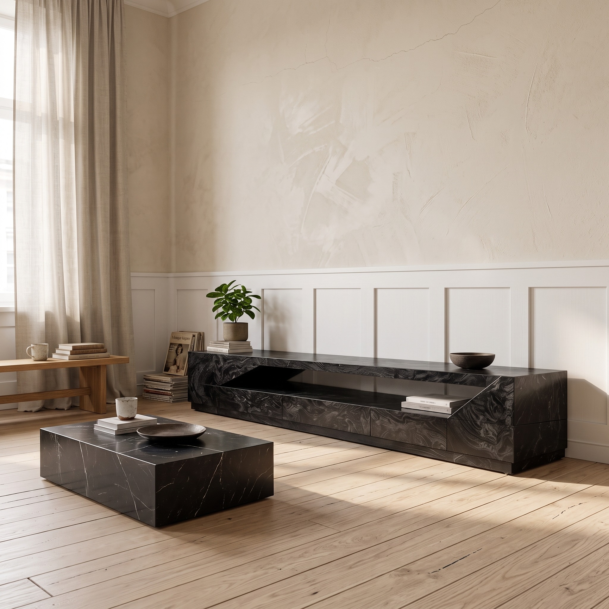 Minimal TV Console with Natural Wood Grain, Modern Wooden Media Cabinet Sideboard