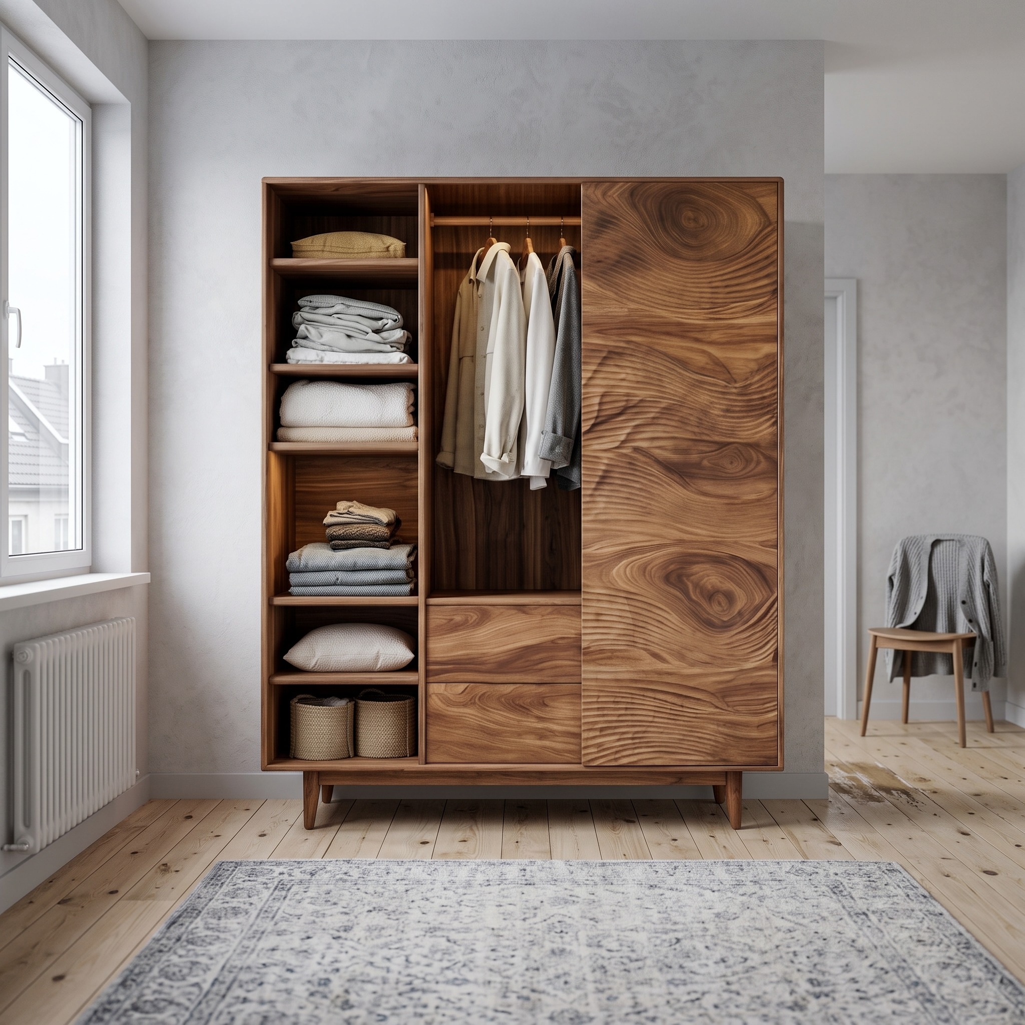 Minimal Wardrobe with Carved Front for Bedroom Space