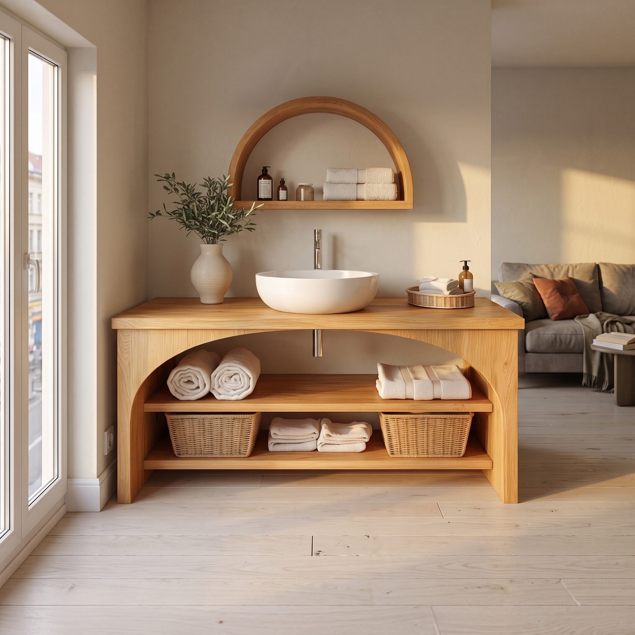 Minimal Wooden Bathroom Vanity Cabinet, Handcrafted Open Shelving and Storage Console for Modern Powder Room