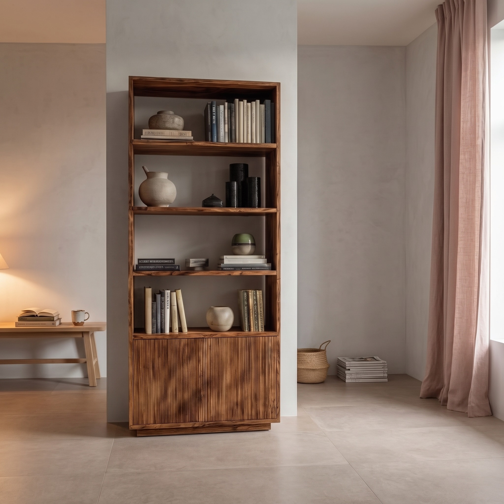 Minimal Wooden Bookcase for Coastal Living Room