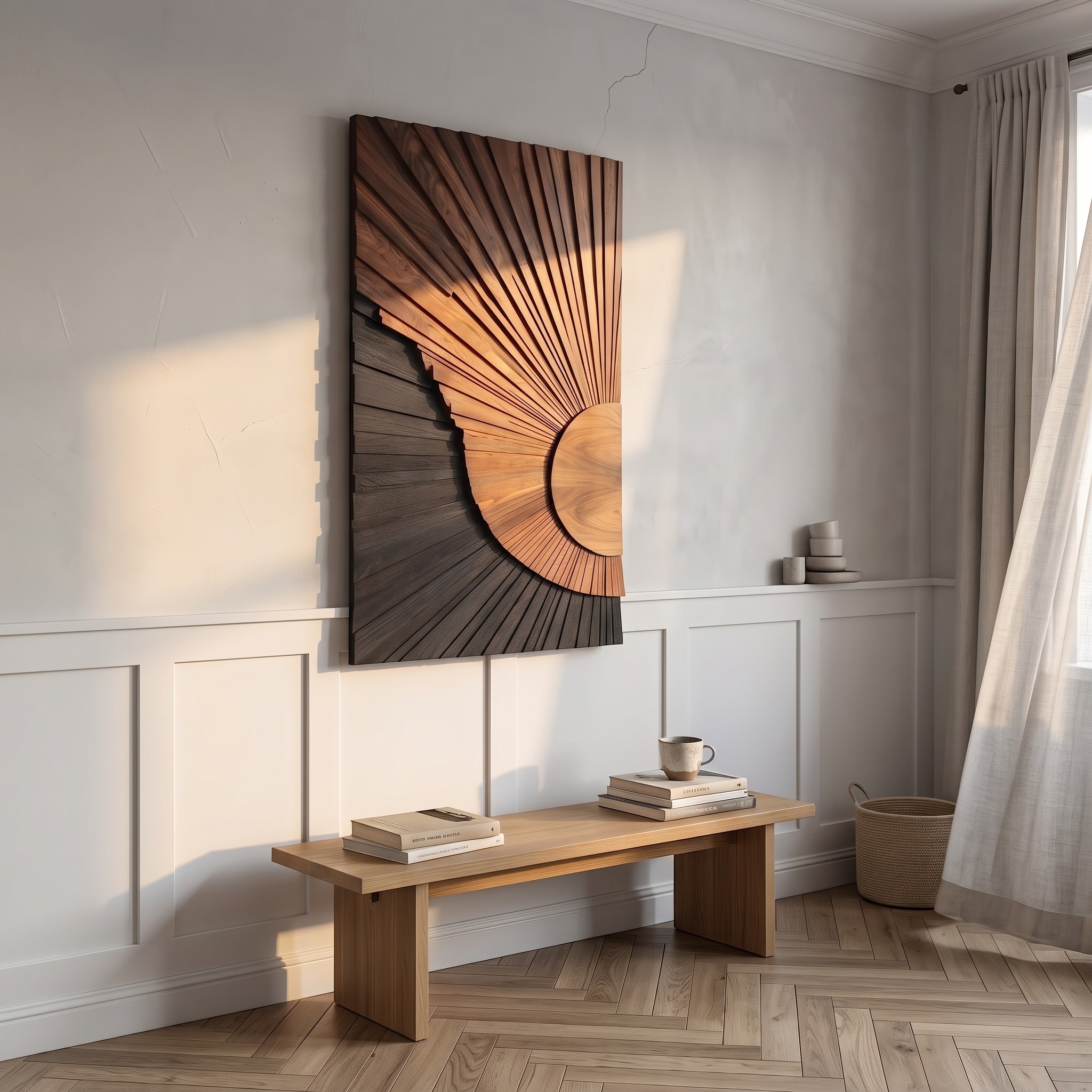 Minimalist Abstract Wooden Wall Art Panel, Handcrafted 3D Geometric Wood Sculpture for Bedroom and Living Room Decor