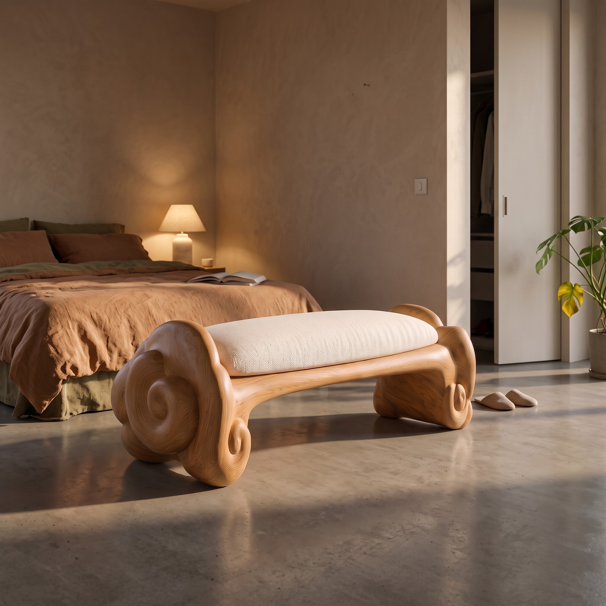 Minimalist Accent Bench with Rounded Cloud Shaped Legs for Bathroom