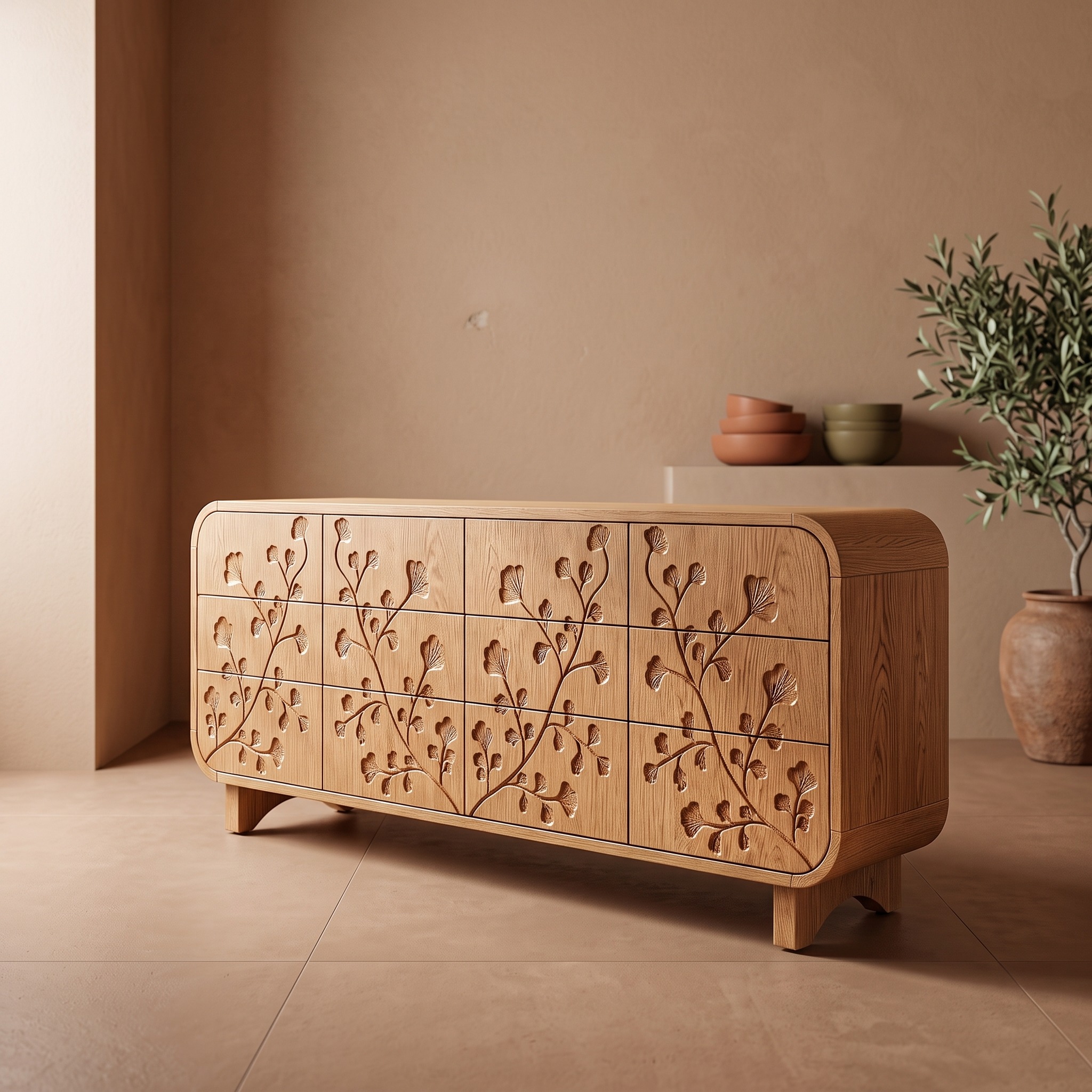 Minimalist All Wood Dresser with Subtle Leaf Carving and Soft Rounded Frame for Bedroom