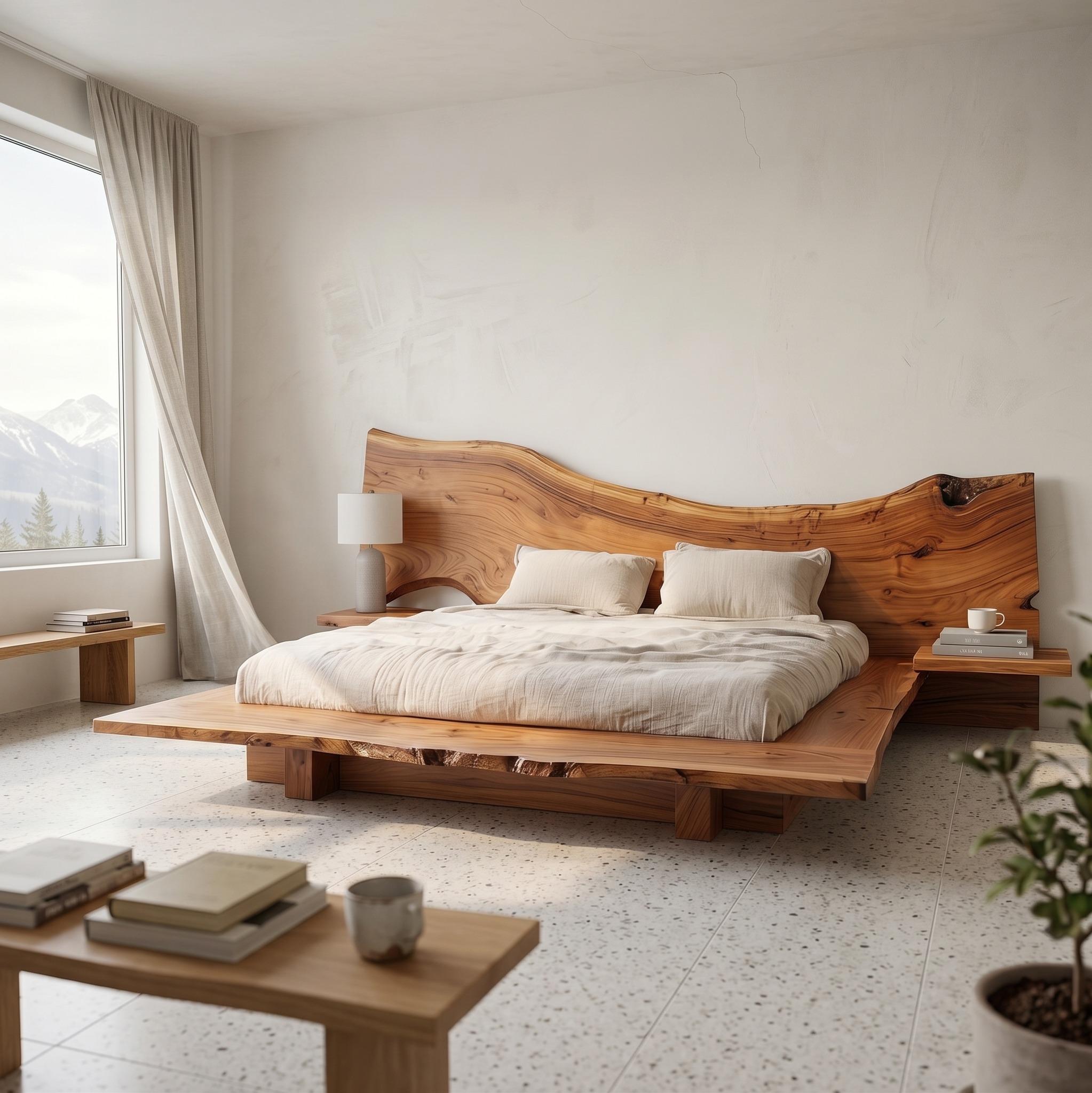 Minimalist Bed Frame with Organic Live Edge Solid Wood Headboard, Floating Wooden Platform Bed