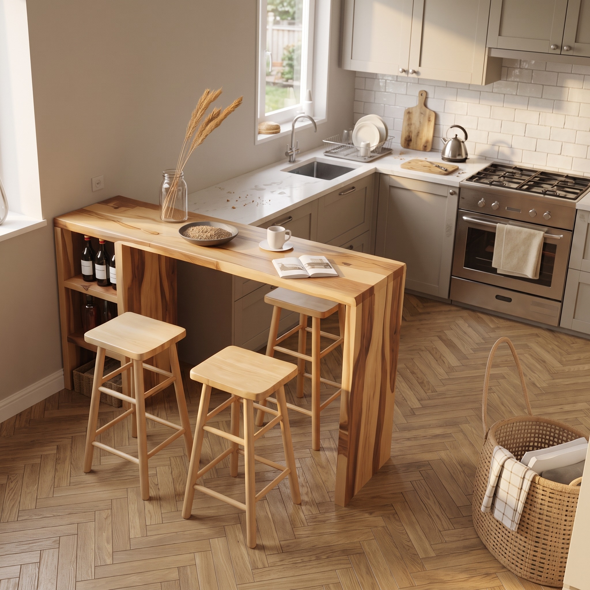 Minimalist Breakfast Bar Table with Stools, Solid Wood Pub Dining Table Set for Small Kitchens, Studios