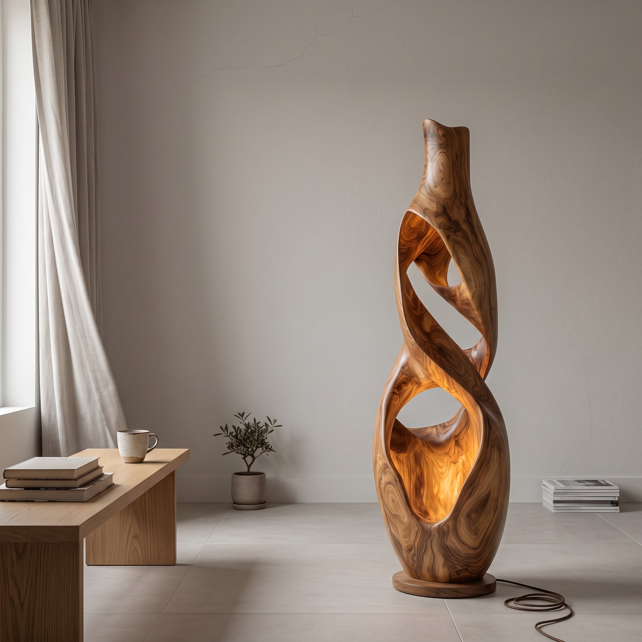 Minimalist Carved Wooden Floor Lamp for Corner Living Room