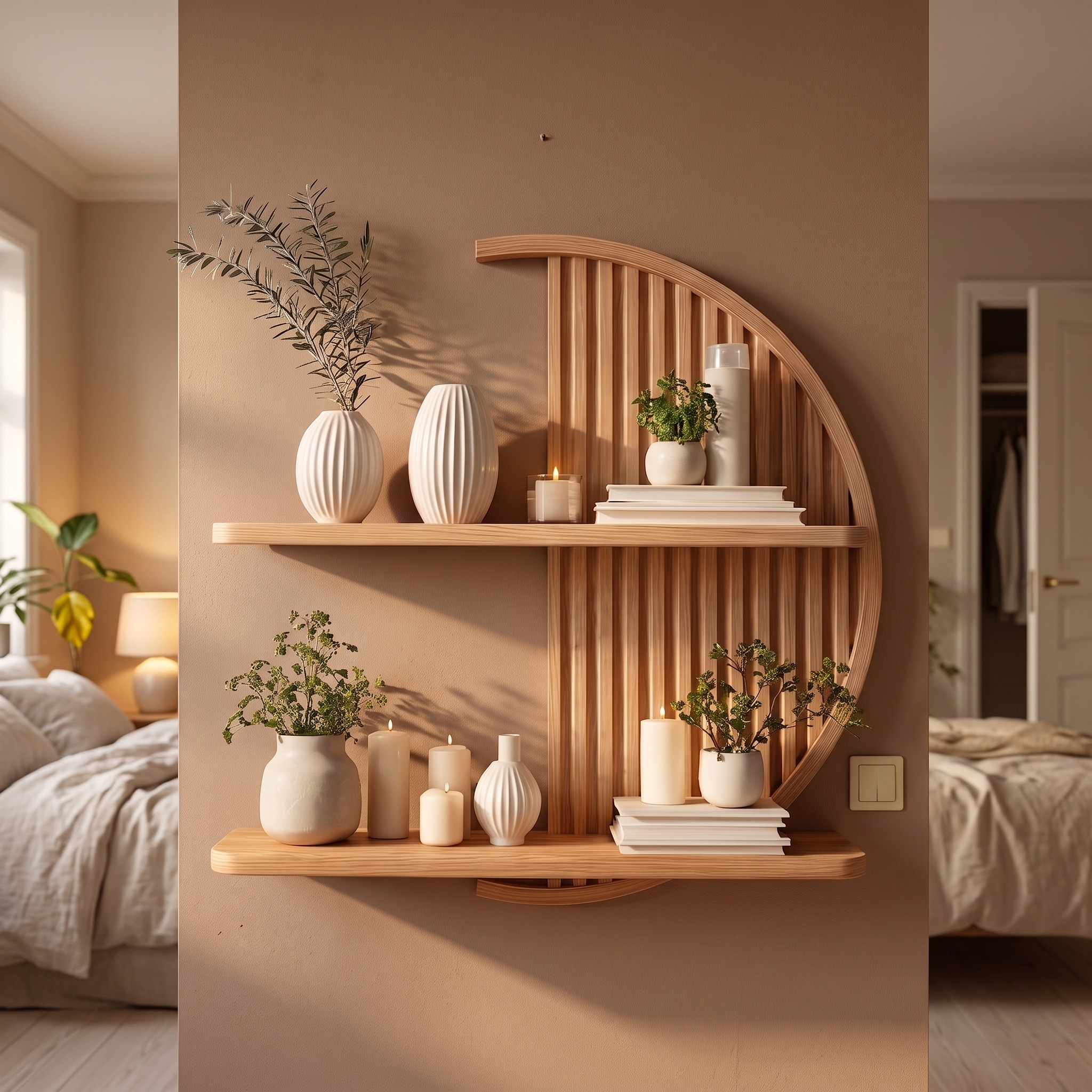 Minimalist Circle Round Floating Shelf Solid Wood for Living Room Wall Art