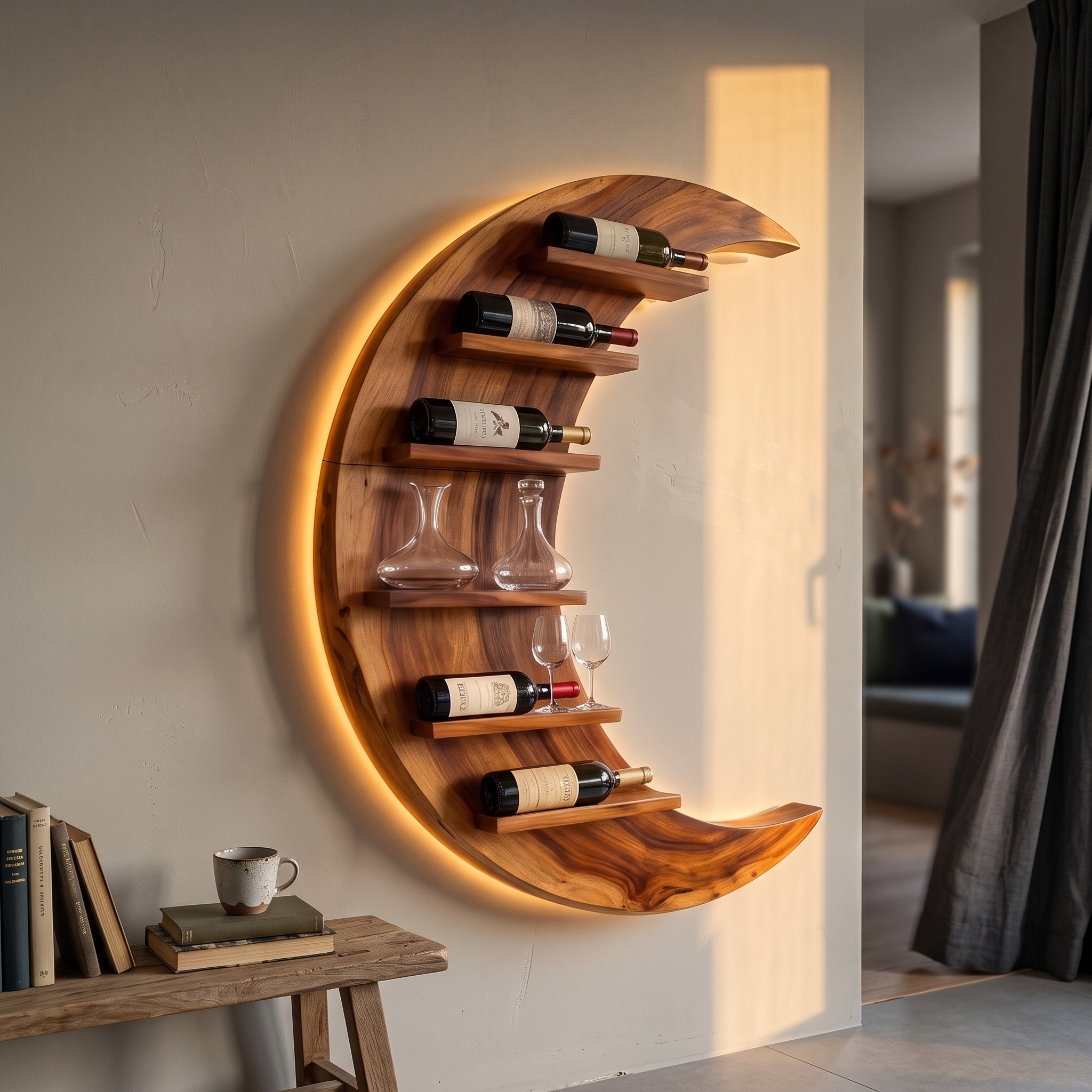 Minimalist Compact Wood Wine Holder, Handcrafted Solid Wooden Tabletop Wine Bottle Display Rack for Small Apartment Bar Space
