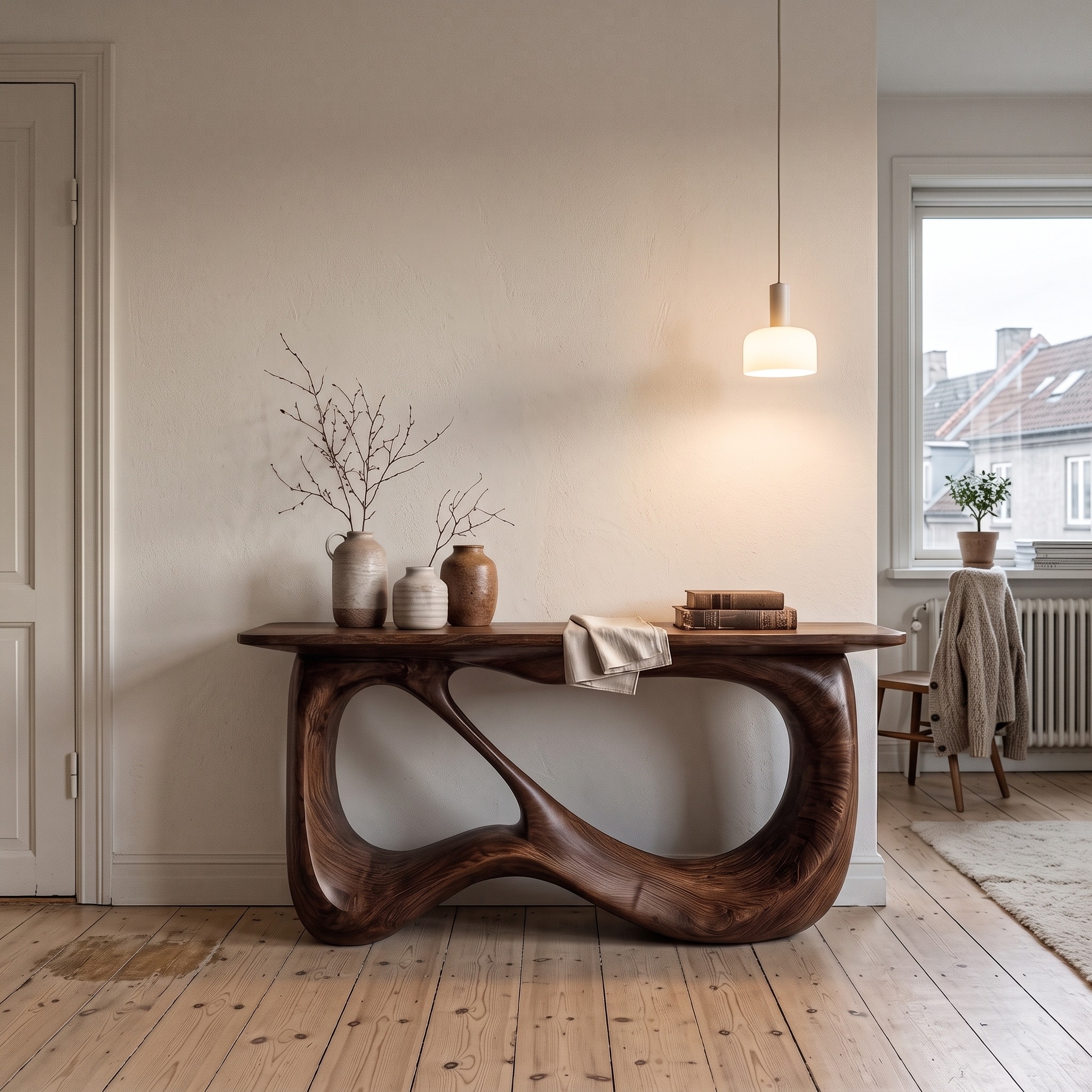 Minimalist Console Table, Flowing Loop Solid Wood Base Sofa Table for Entryway, Foyer & Hallway Decor