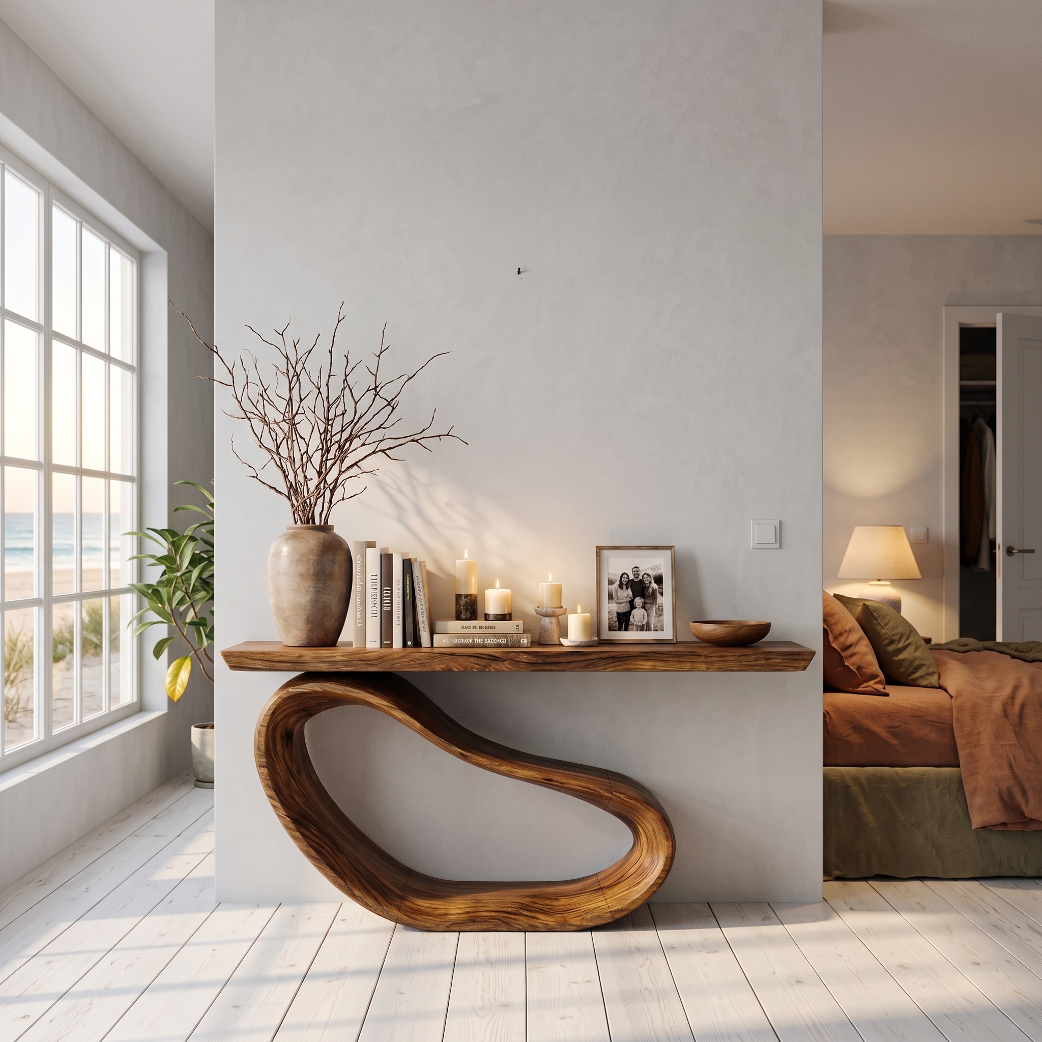 Minimalist Console Table with Sculptural Wood Base for Entryway