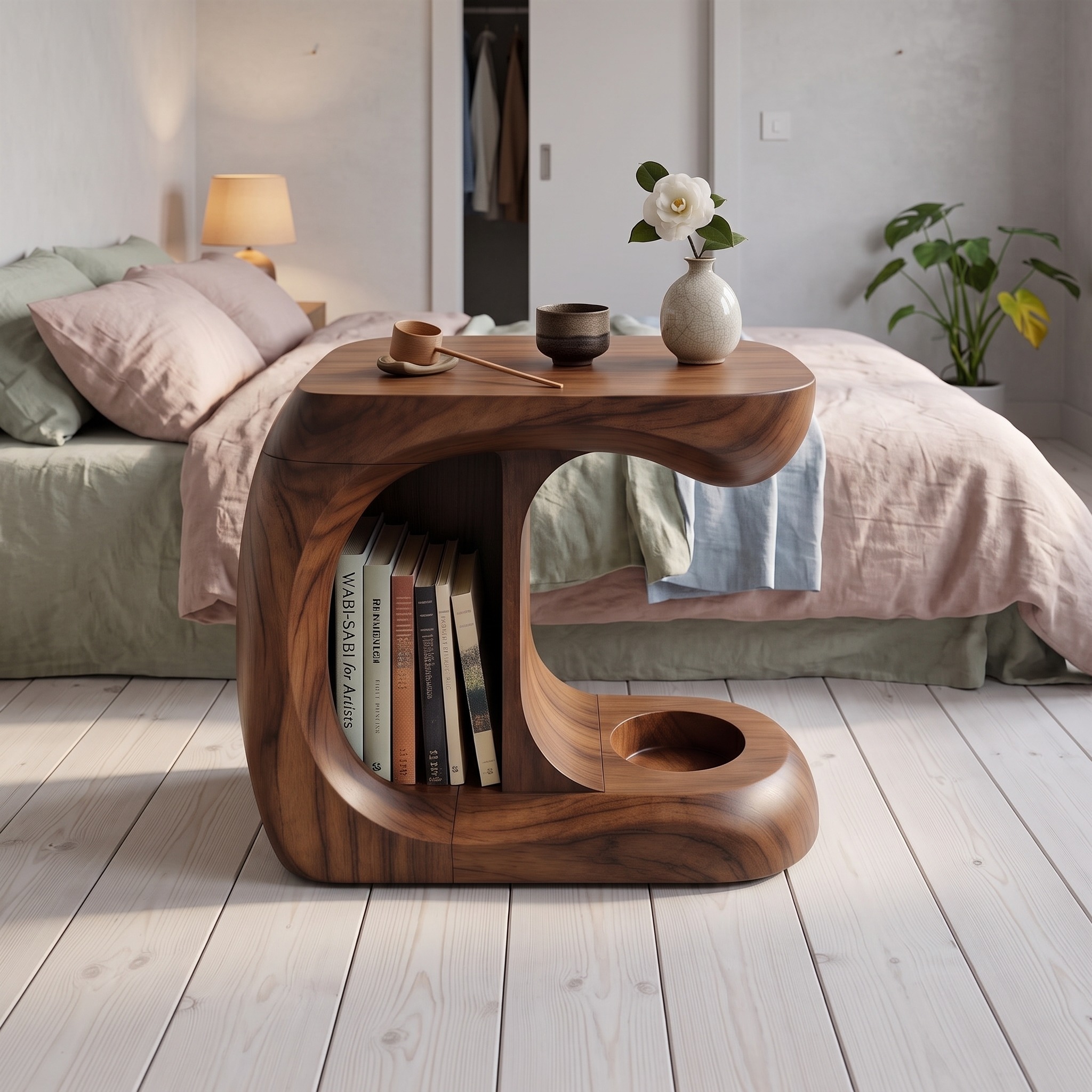 Minimalist Curved Wood Accent Table, Compact End Table Nightstand for Studio Apartment