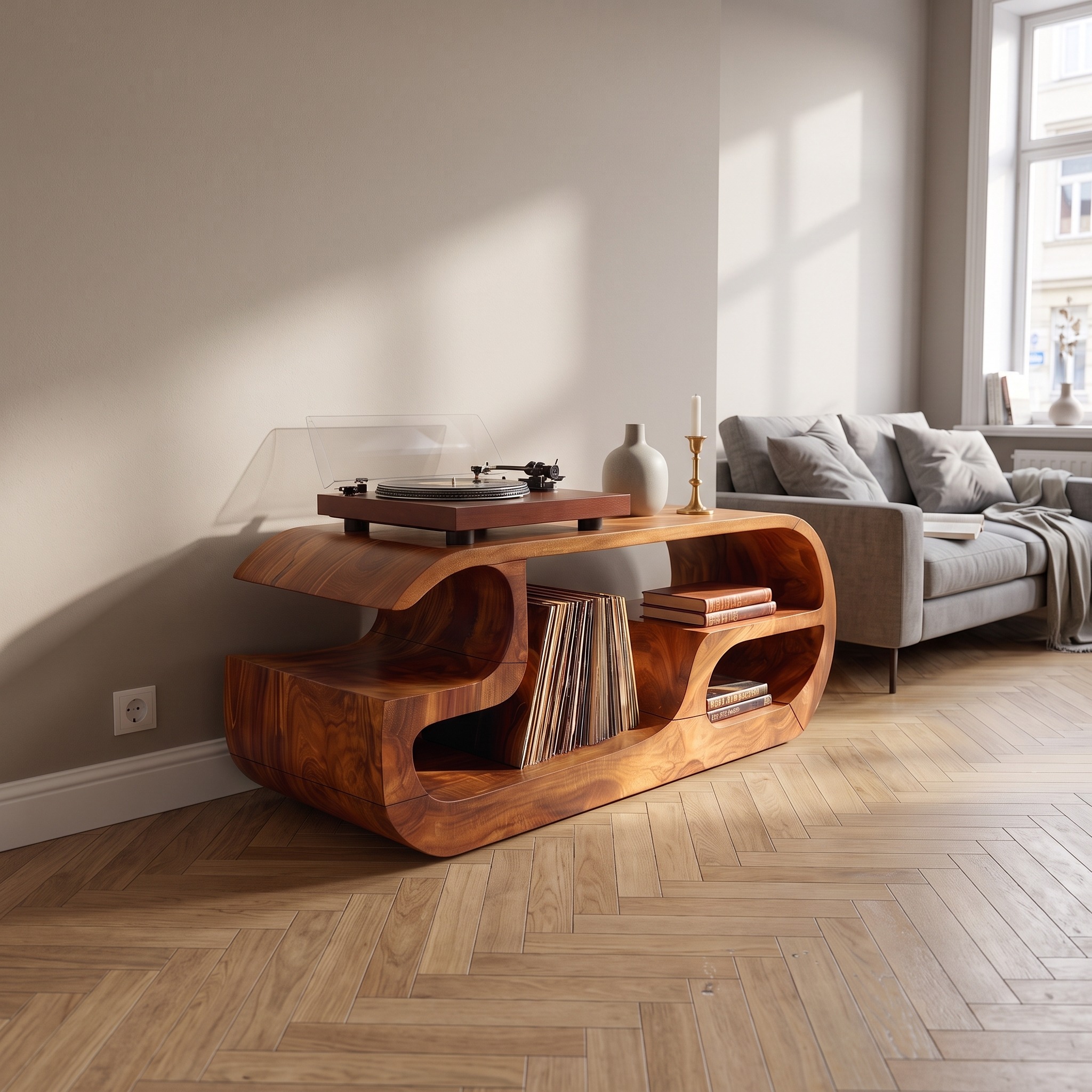 Minimalist Curved Wooden Record Player Stand, Handcrafted Small Space Vinyl LP Storage Cabinet, Model