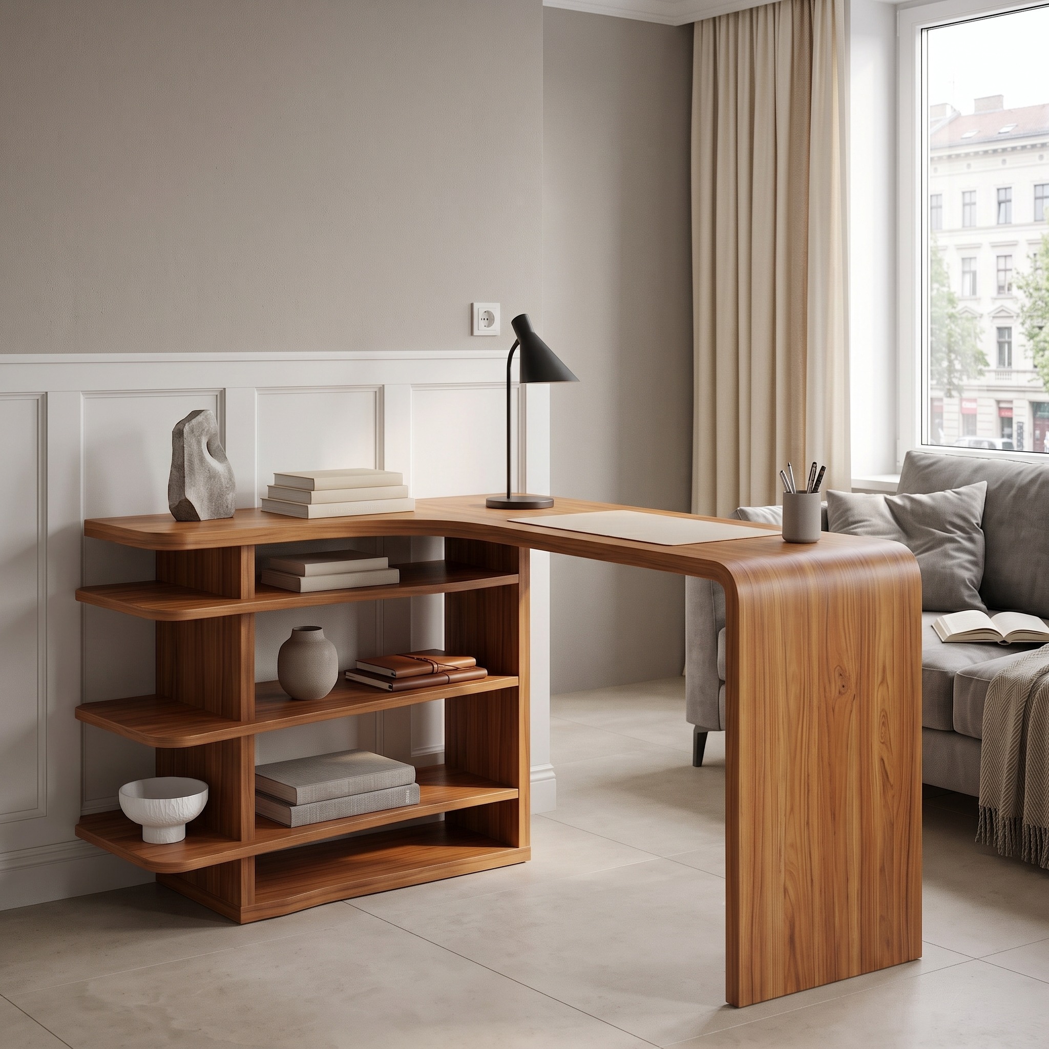 Minimalist Desk with Functional Storage Shelves for Study and Workspace