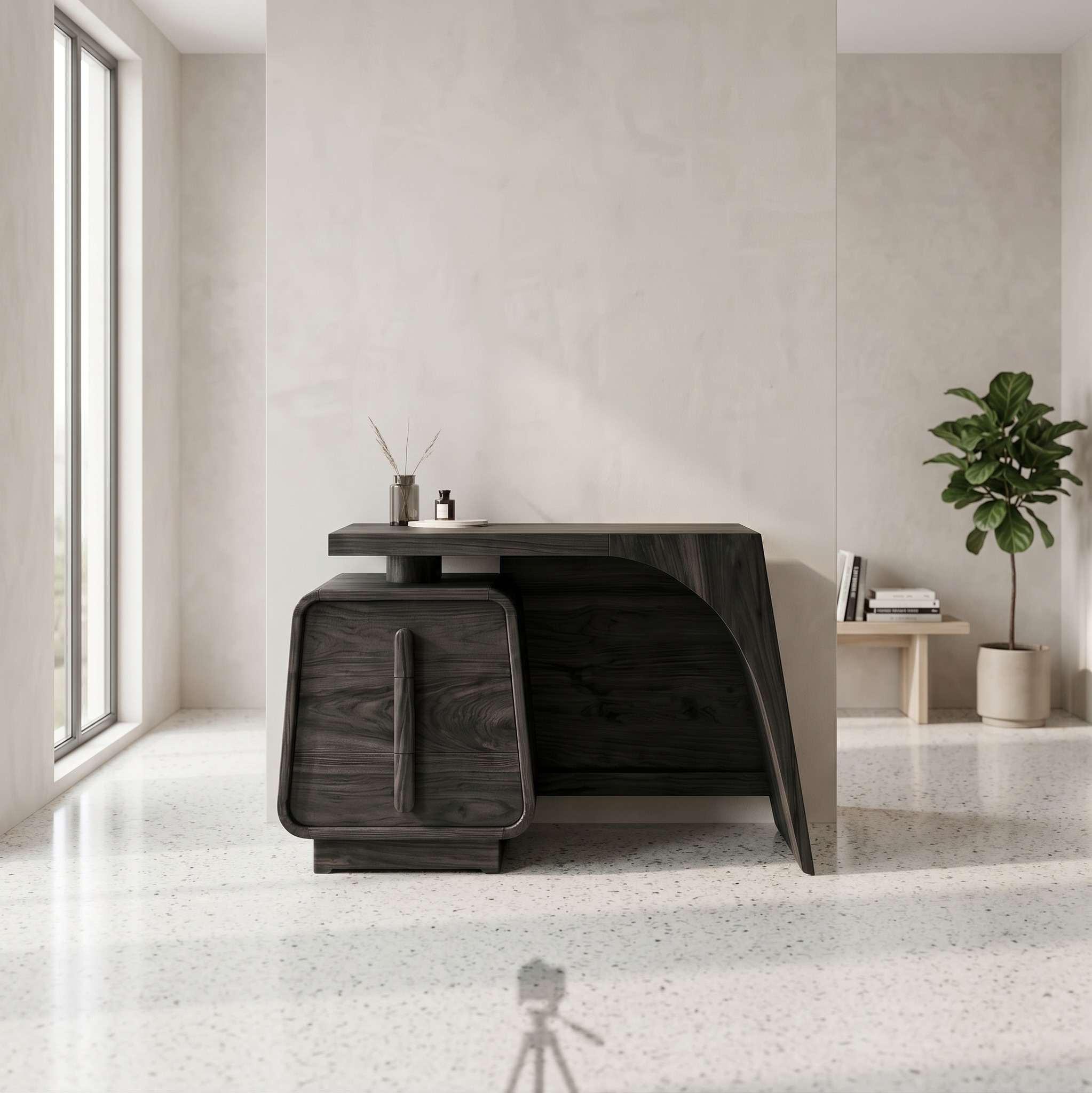 Minimalist Dressing Table with Storage, Solid Wood Sculptural Curved Makeup Vanity Desk for Bedroom