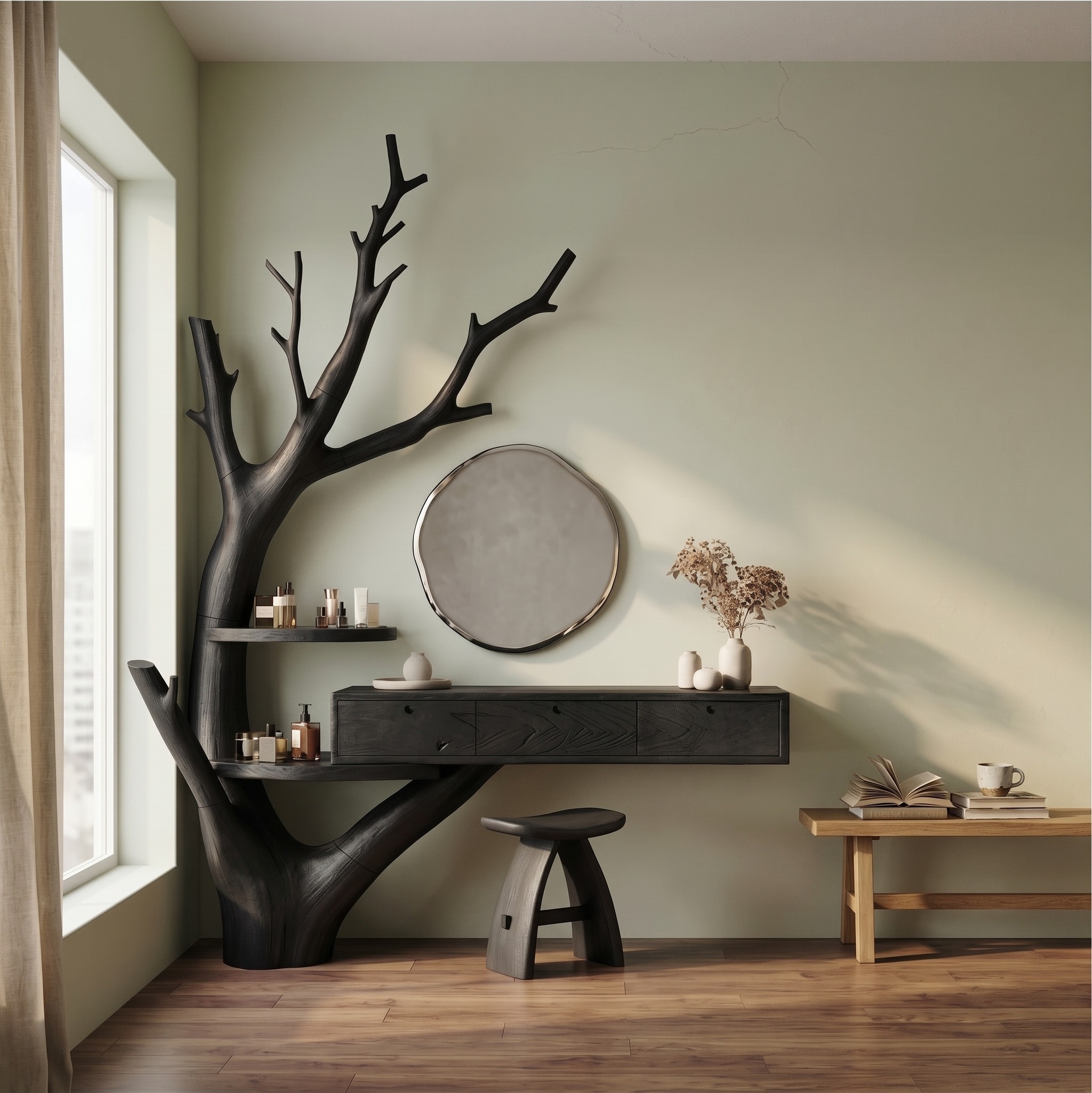 Minimalist Floating Dressing Table with Drawers, Solid Wood Tree Base Makeup Vanity Desk for Bedroom