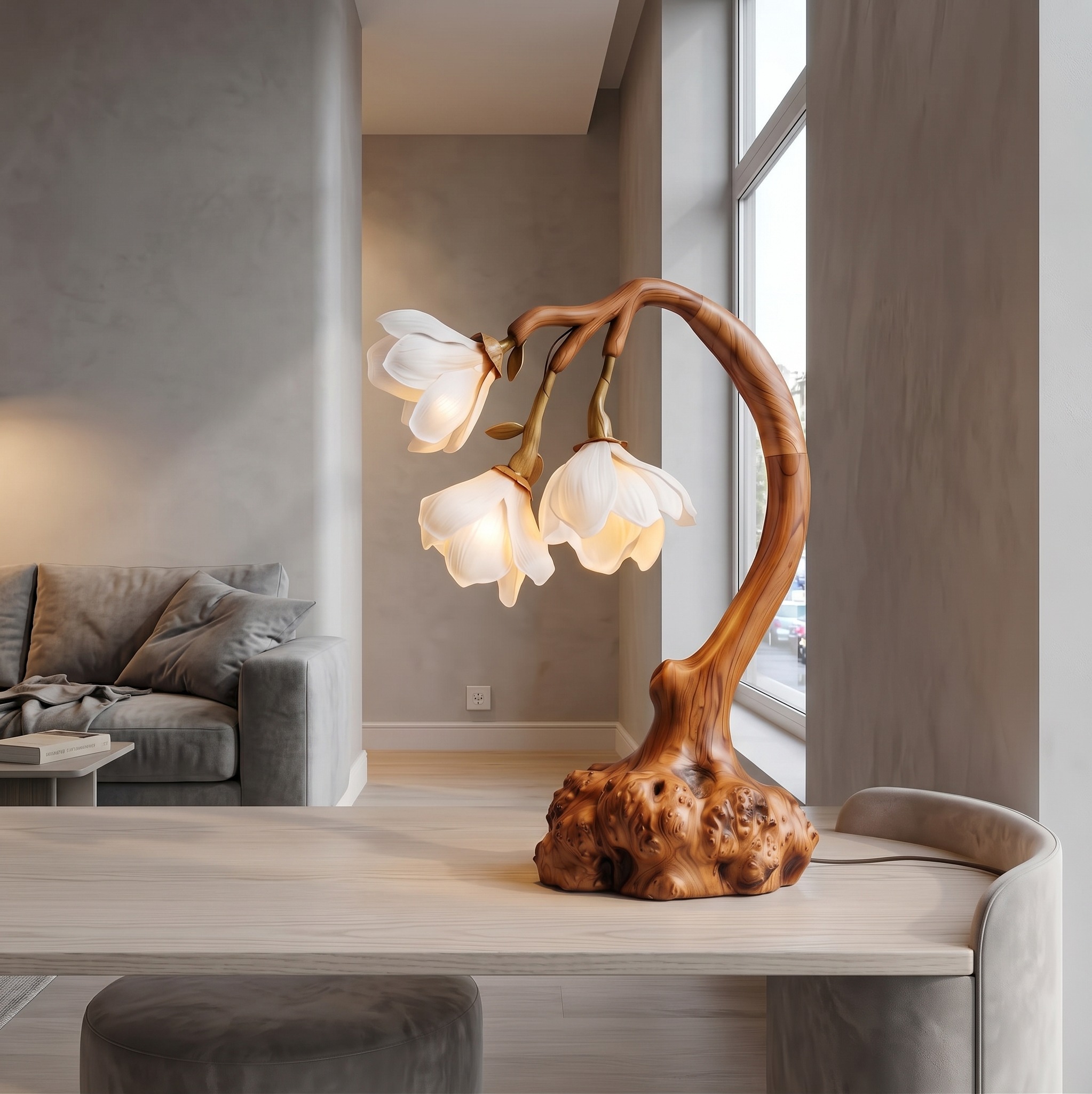 Minimalist Floral Table Lamp, Organic Solid Wood Base Bedside Accent Light for Living Room and Bedroom