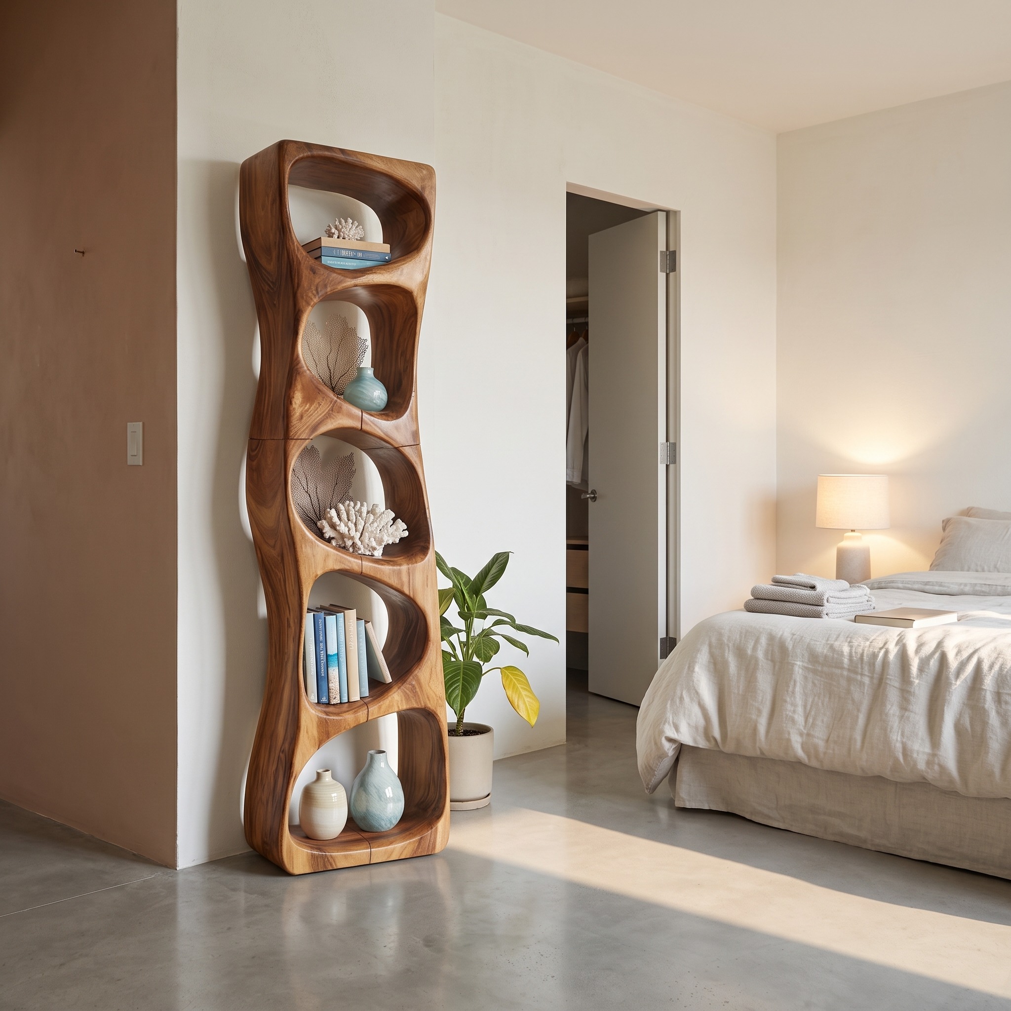 Minimalist Geometric Wood Bookshelf, Handcrafted Freestanding Book Rack Shelf for Entryway Storage Display