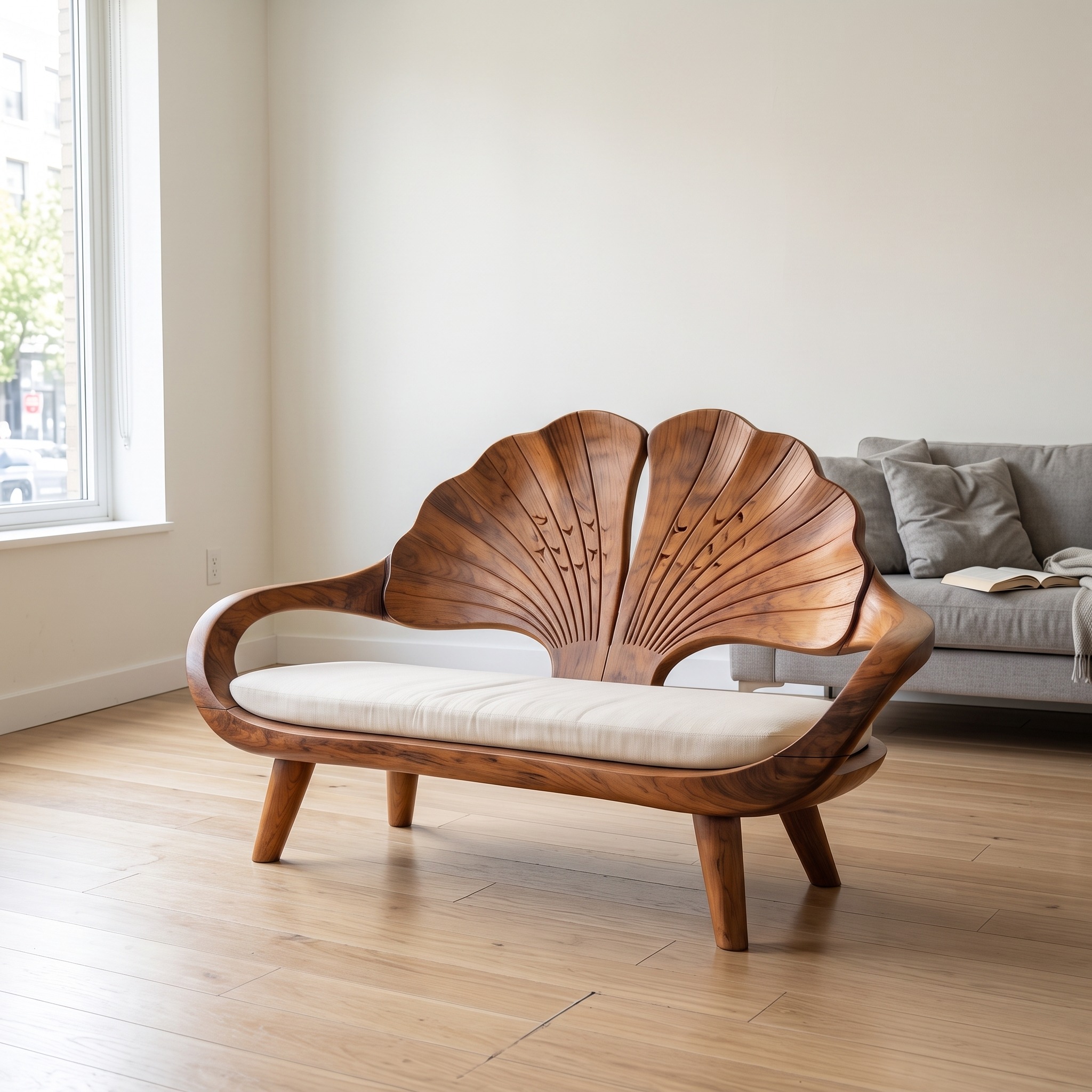 Minimalist Ginkgo Leaf Backrest Bench, Solid Wood Reading Nook Accent Seating & Bedroom Lounge Bench, Natural