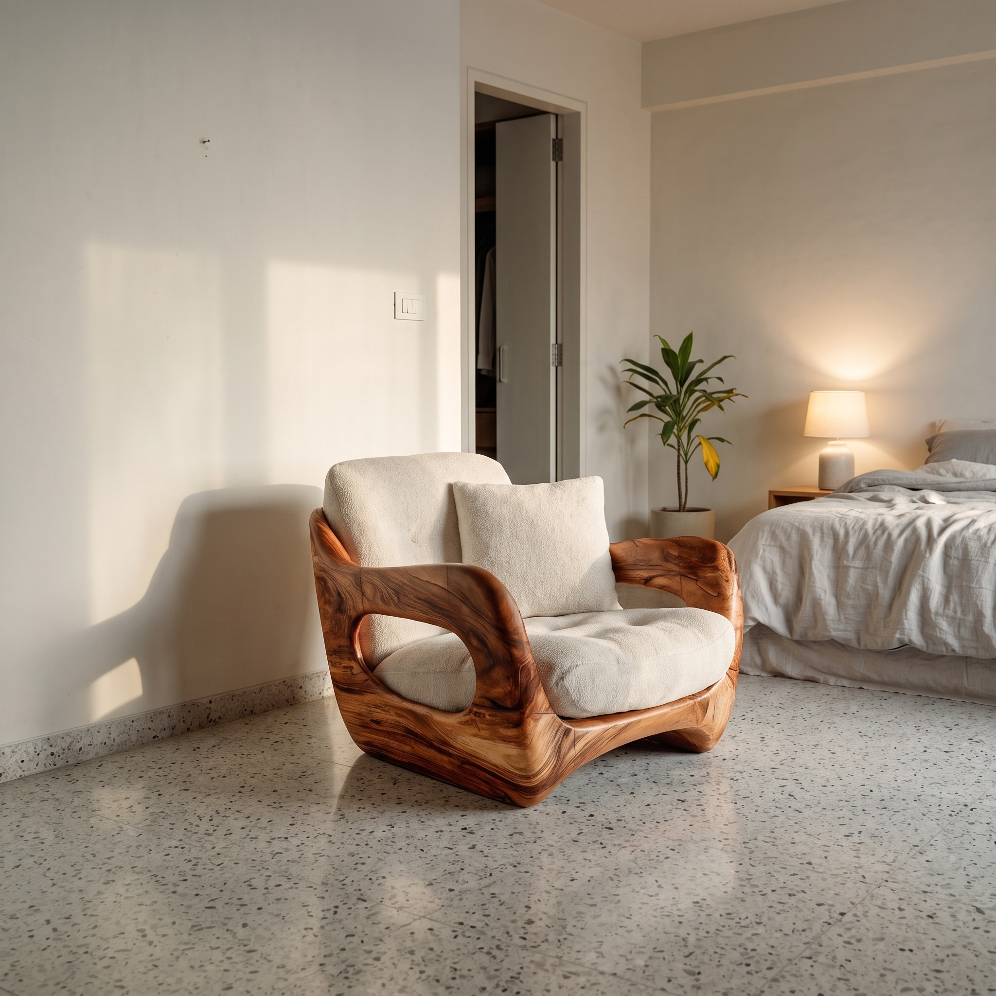 Minimalist Handcrafted Accent Chair Carved Body for Living Room