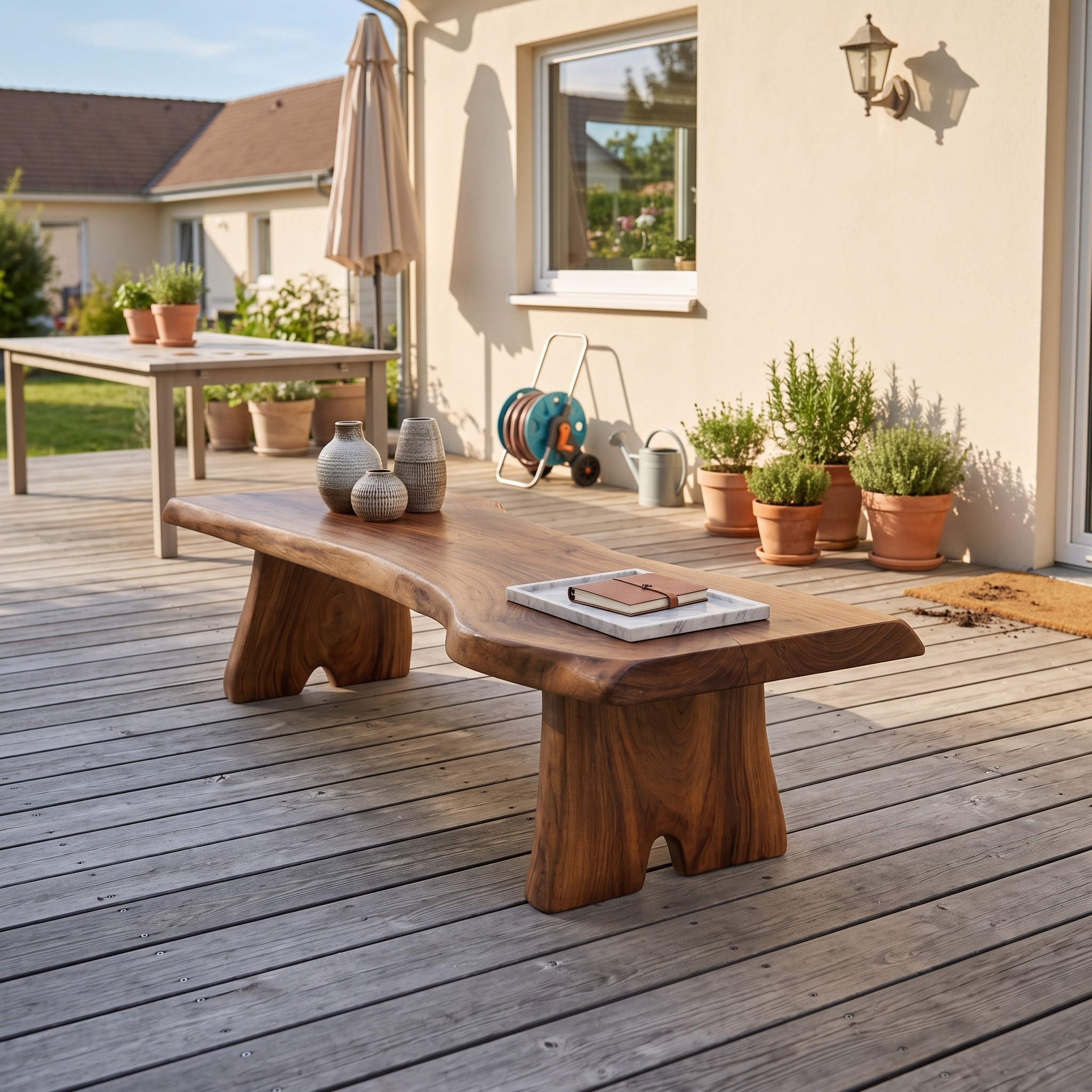 Minimalist Live Edge Wood Bench for Entryway, Patio, or Garden - Rustic Outdoor Solid Wood Seating Bench, Natural Finish