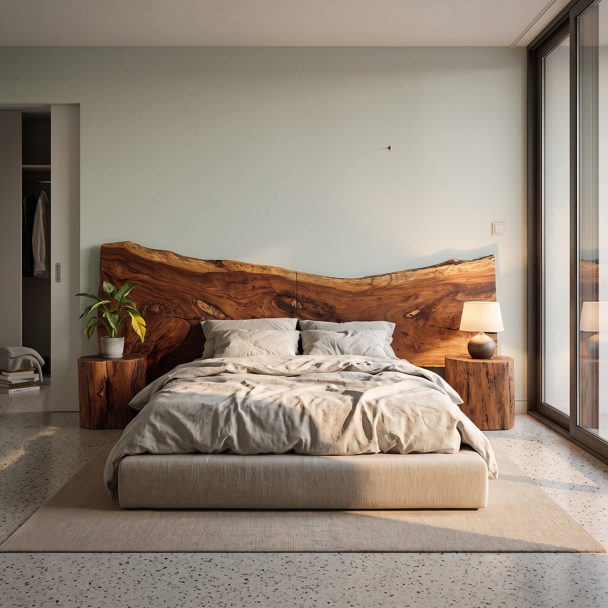 Minimalist Live Edge Wood Headboard for Organic Neutral Bedroom