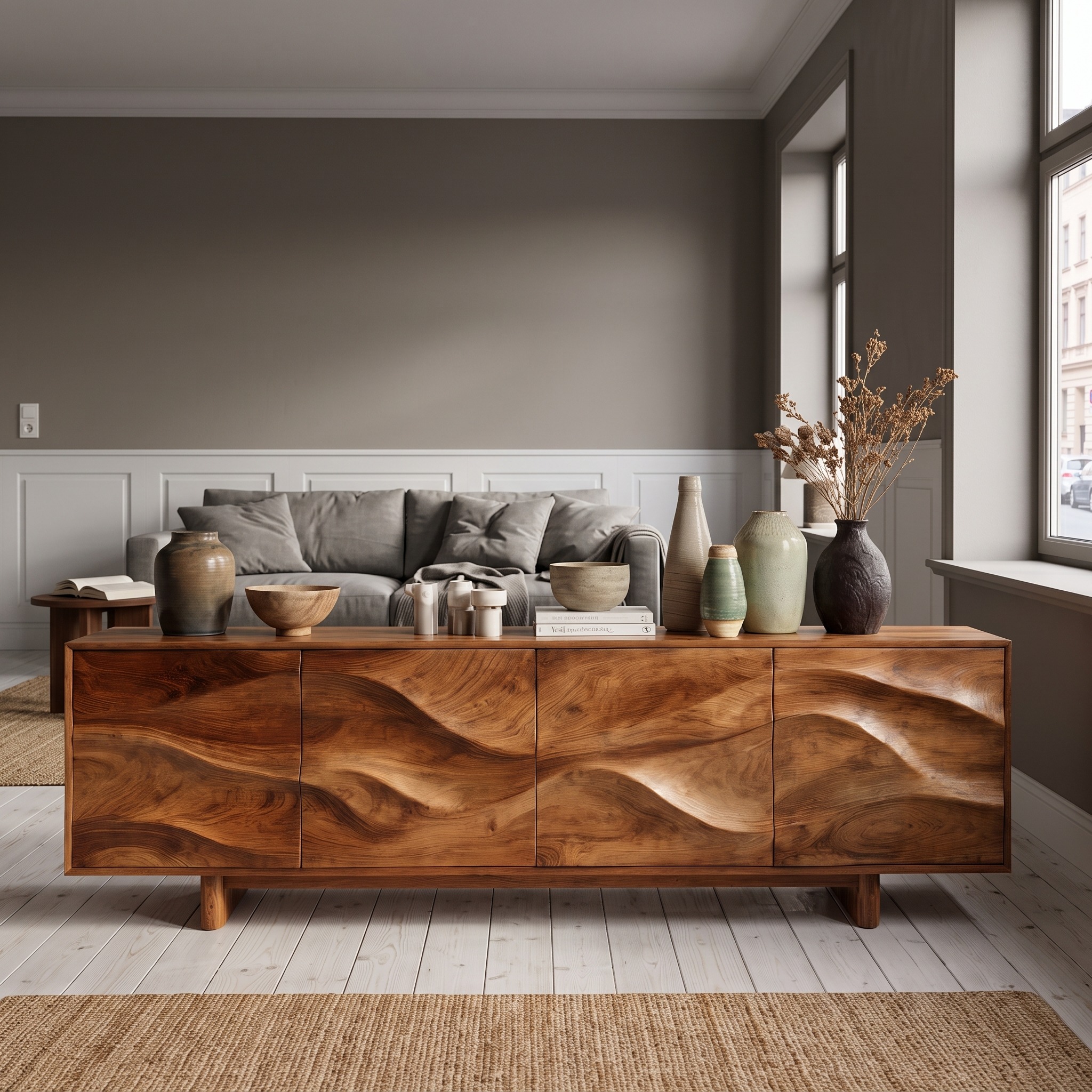 Minimalist Modern Wooden Sideboard Console, Handcrafted Solid Wood Buffet Storage Cabinet Cupboard for Living Room