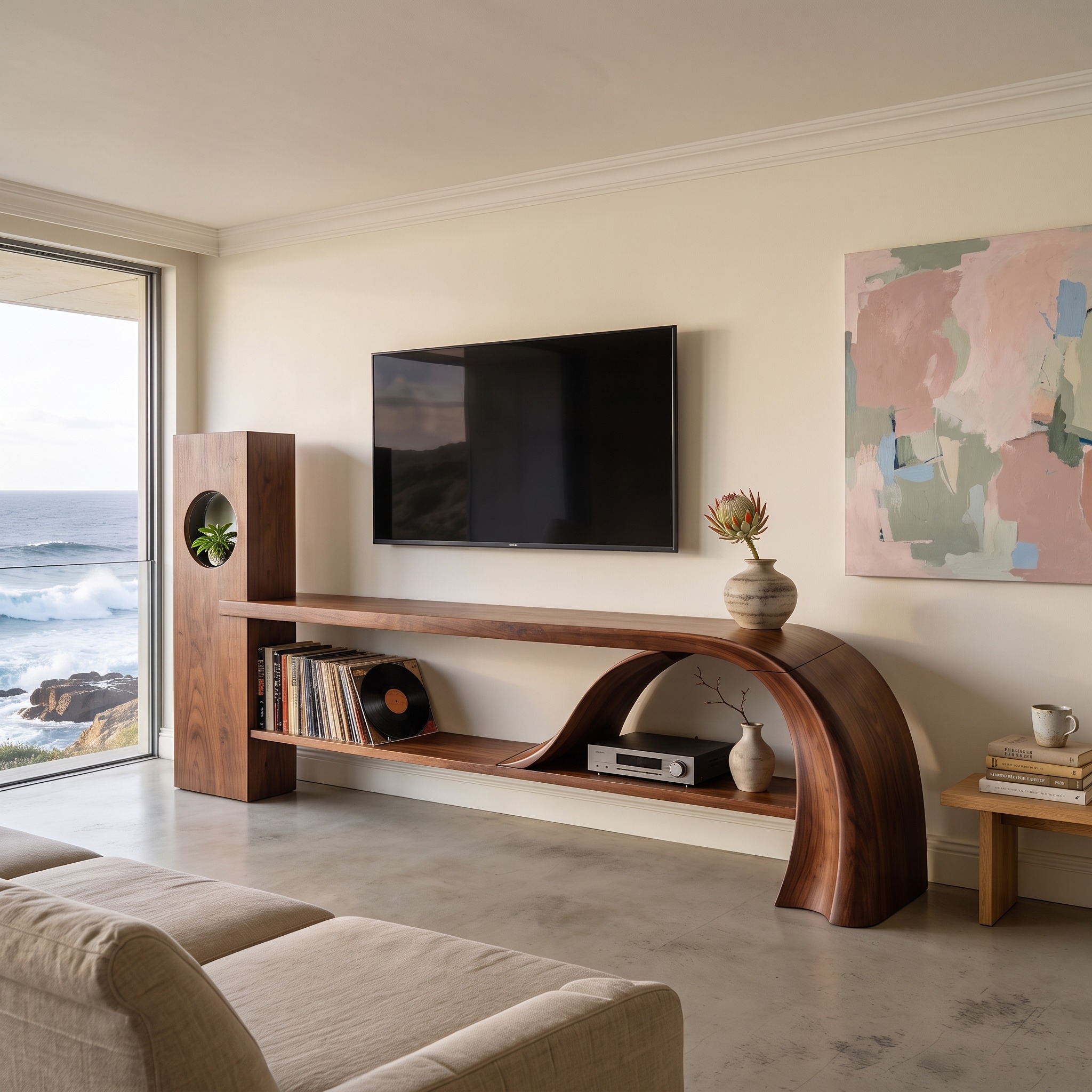 Minimalist Organic TV Stand, Wooden Media Console Cabinet & Living Room Entertainment Center