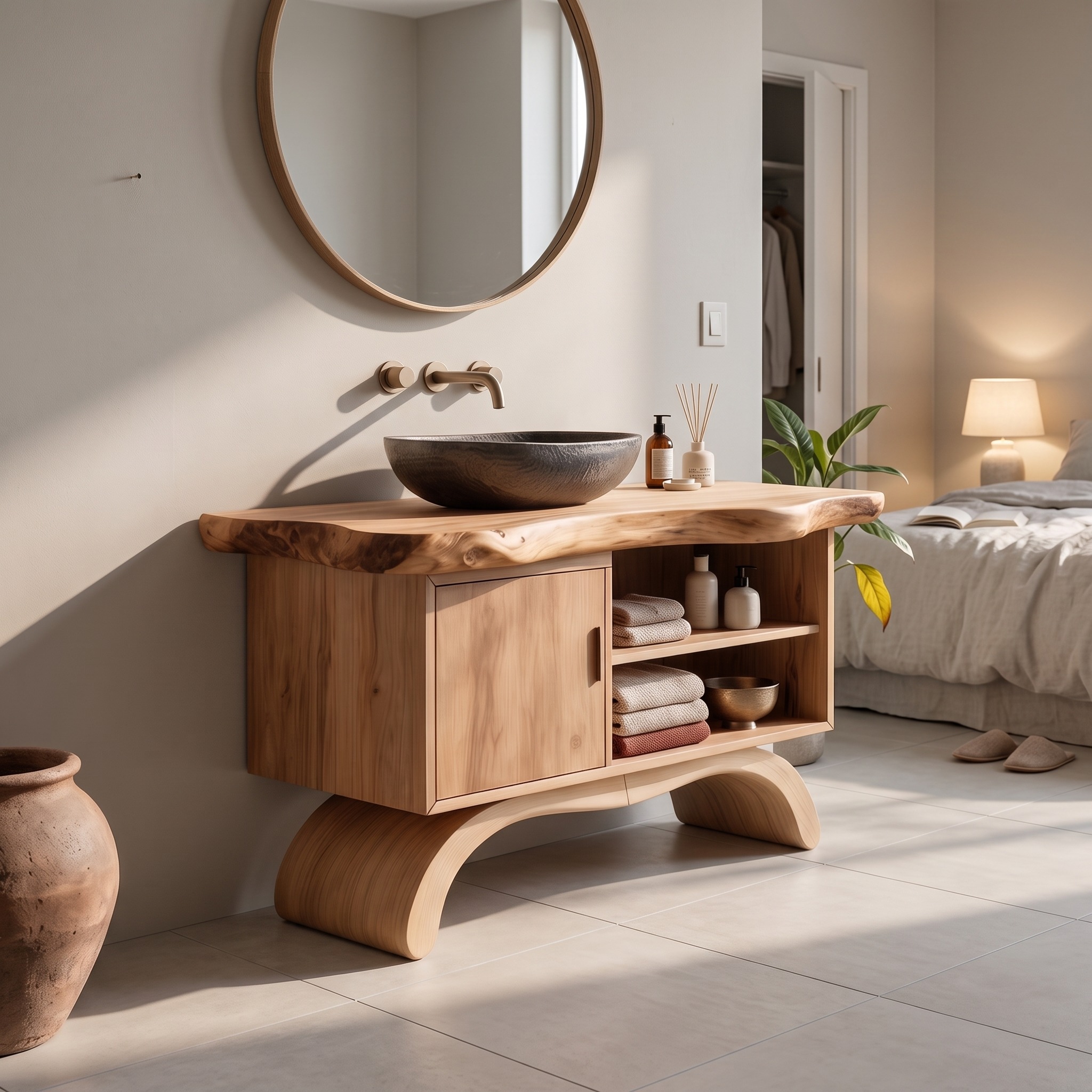 Minimalist Organic Wood Bathroom Vanity, Floating Single Basin Sink Cabinet with Open Shelf Storage for Restroom