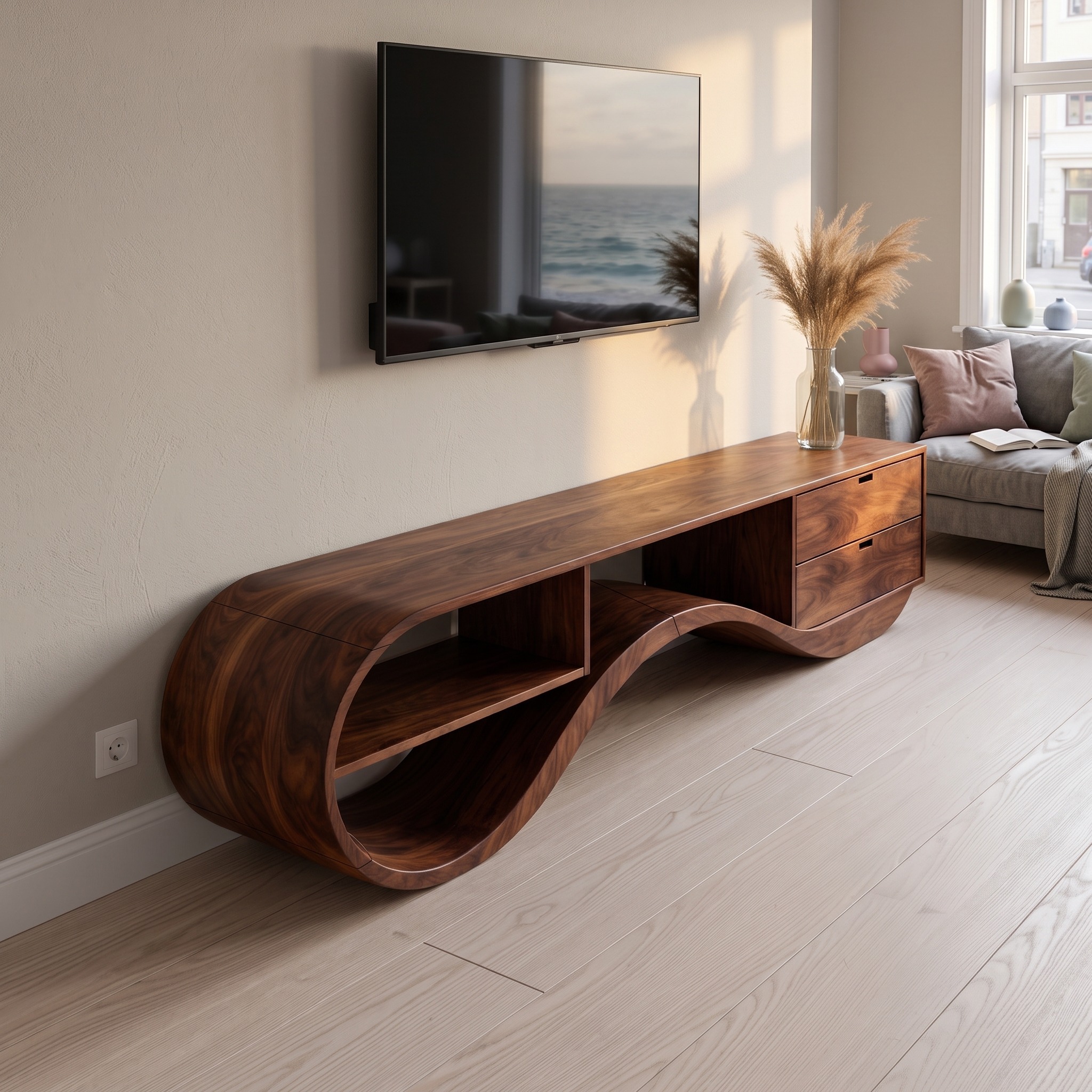 Minimalist Organic Wood TV Console, Mid-Century Modern Media Stand & Entertainment Center for Home Theater