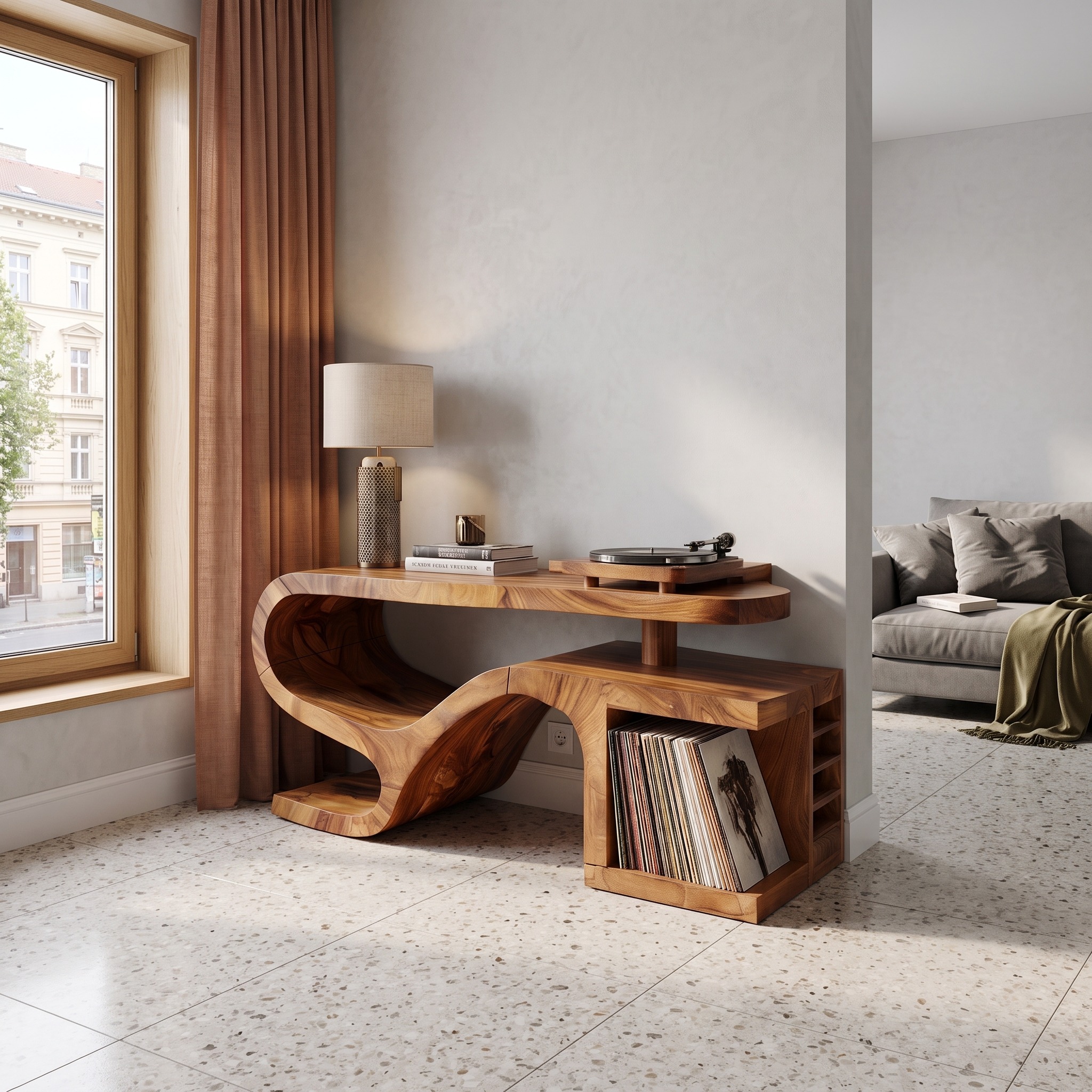 Minimalist Organic Wooden Record Player Stand, Handcrafted Modern Turntable Console Cabinet with Vinyl Storage, Model