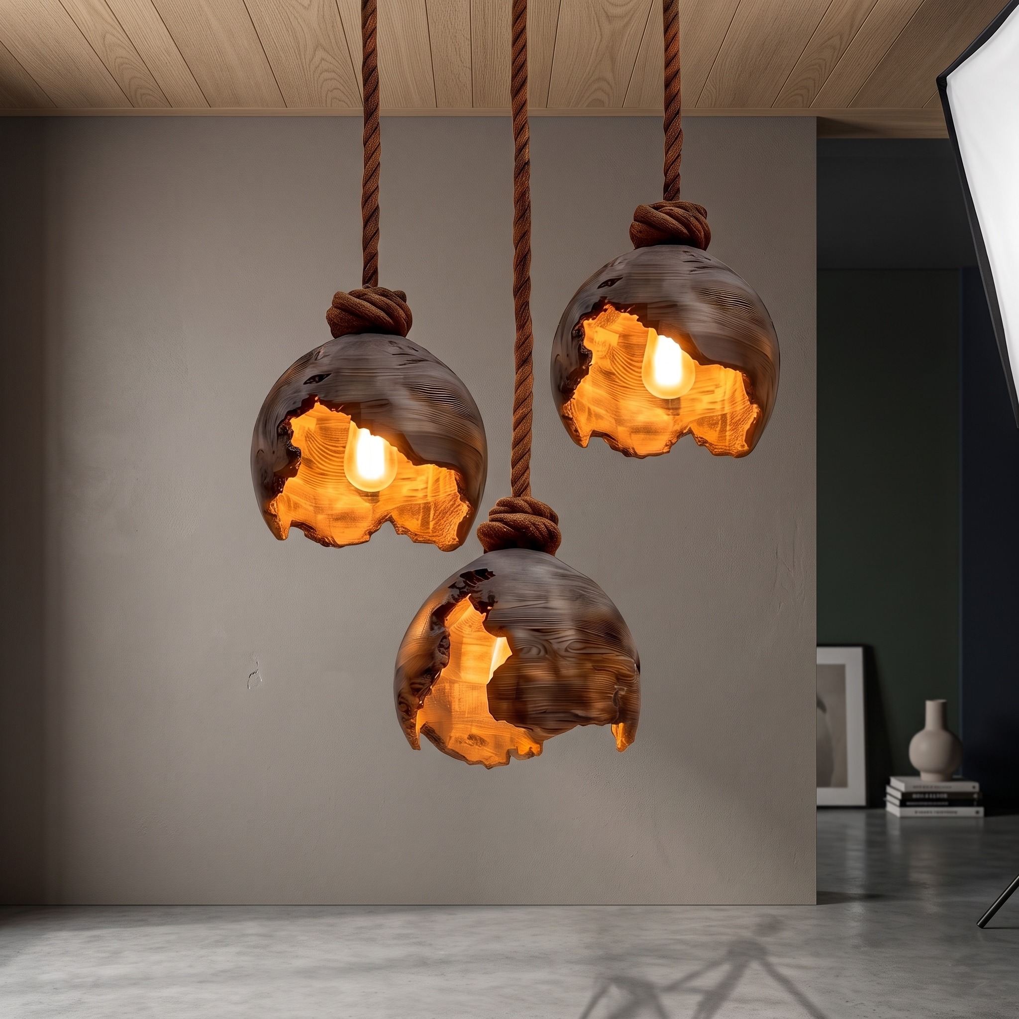 Minimalist Pendant Lamp with Sculptural Wood Design for Living Room