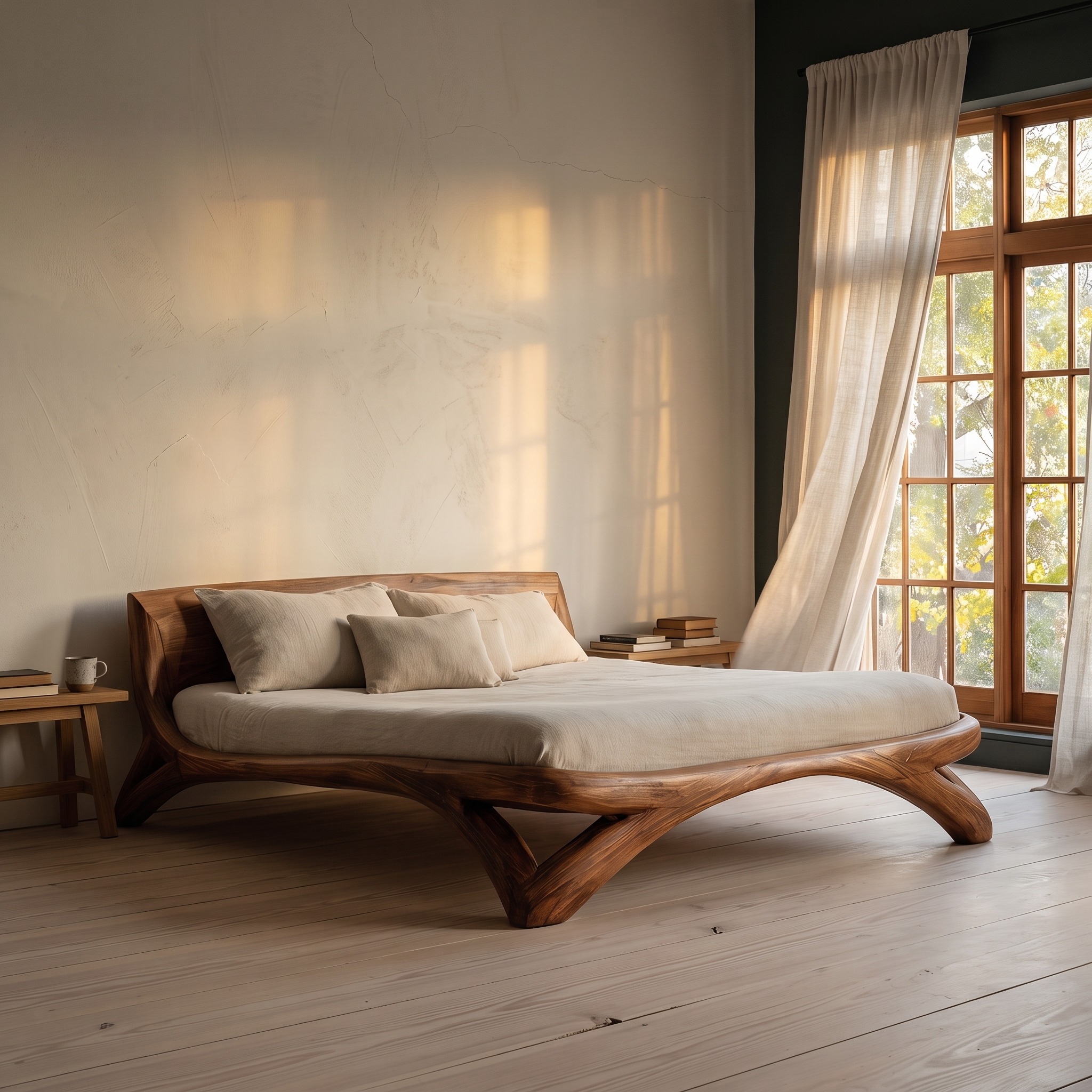 Minimalist Platform Bed Frame, Handcrafted Solid Wood Bedstead & Headboard for Modern Bedroom